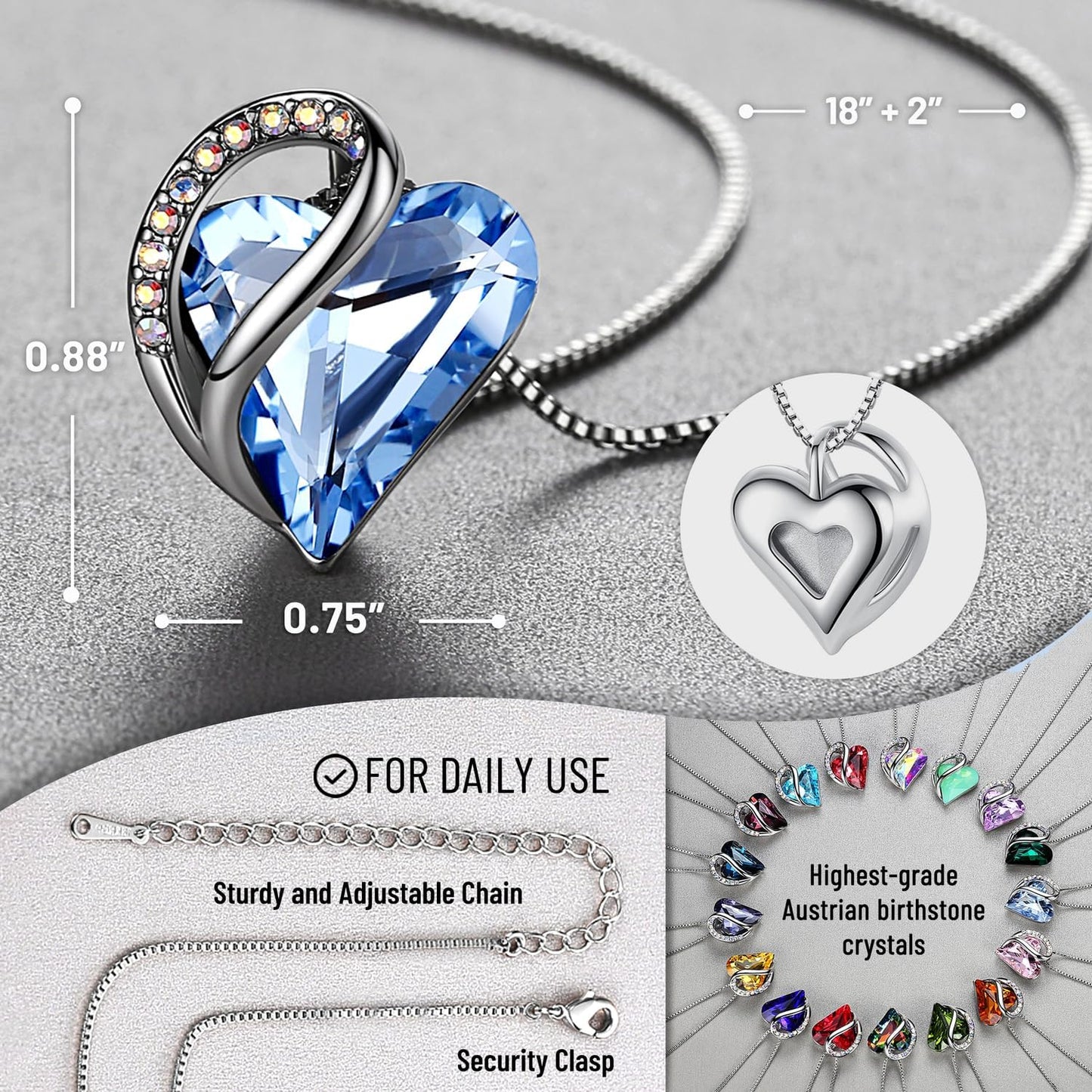 Leafael Gift Necklaces for Women, Infinity Birthstone Heart Pendant, Light Sapphire Blue Crystal for March December, Birthday Jewelry for Her, Mom, Wife, Silver Plated, 18" + 2" Chain