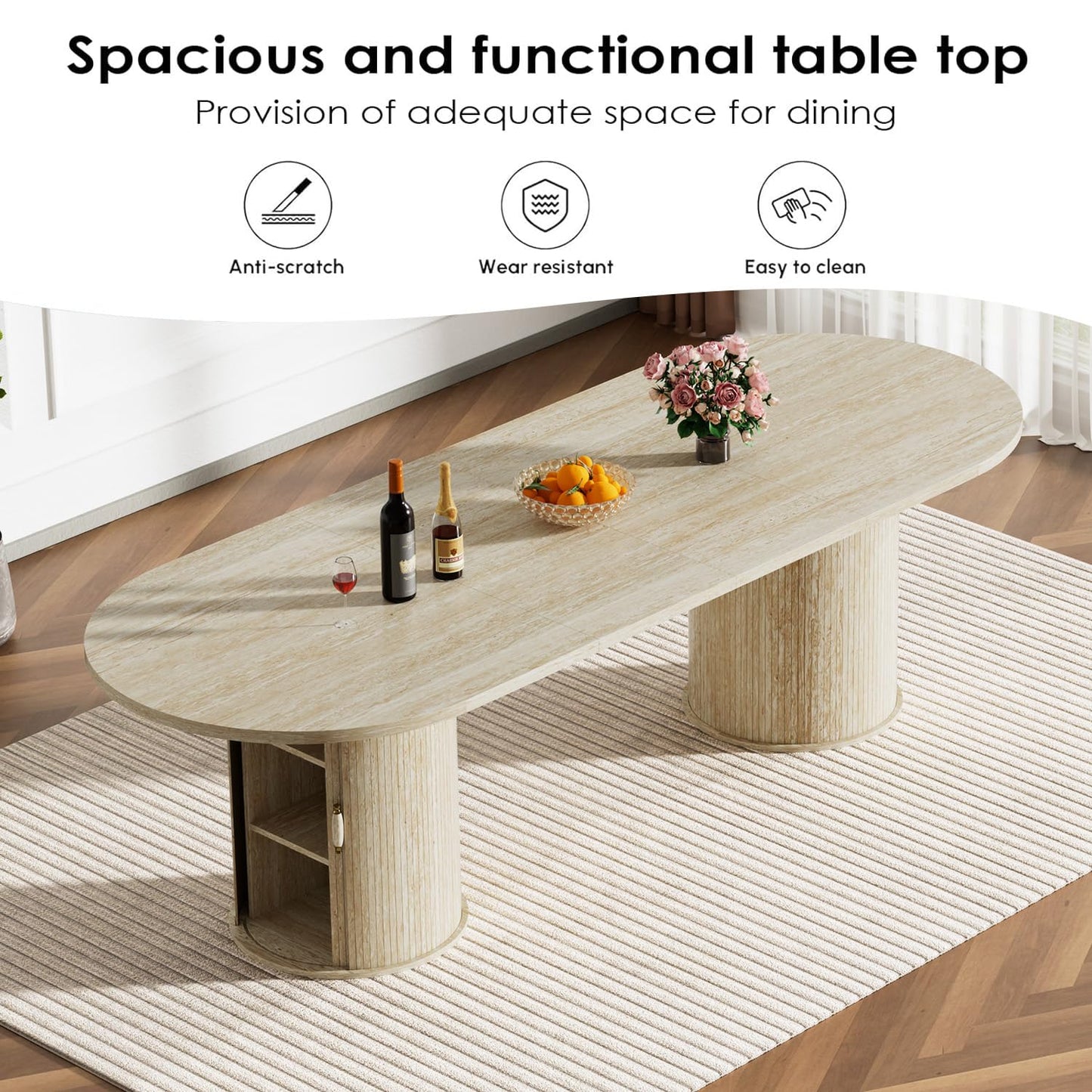 11 Piece Extendable Dining Table Set with 10 Beige Upholstered Chairs, 63"-95" Faux Mars Oval Kitchen Table Set with Storage for 10, Space-Saving Expandable Dining Room Table Set with Wood Fluted Base