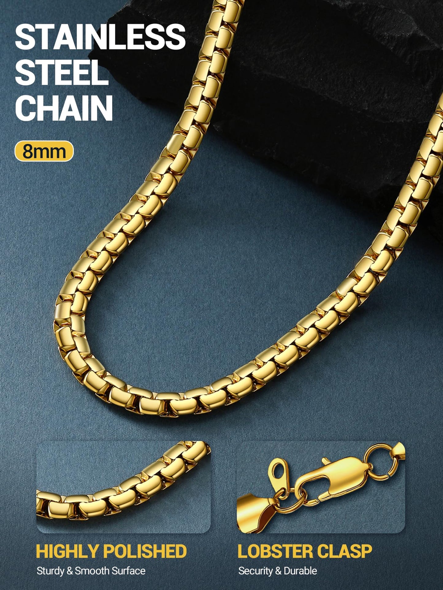 PROSTEEL Gold Chain for Men 8mm Tarnish-Resistant & Hypoallergenic Chunky Flat Box Necklace for Mens Jewelry