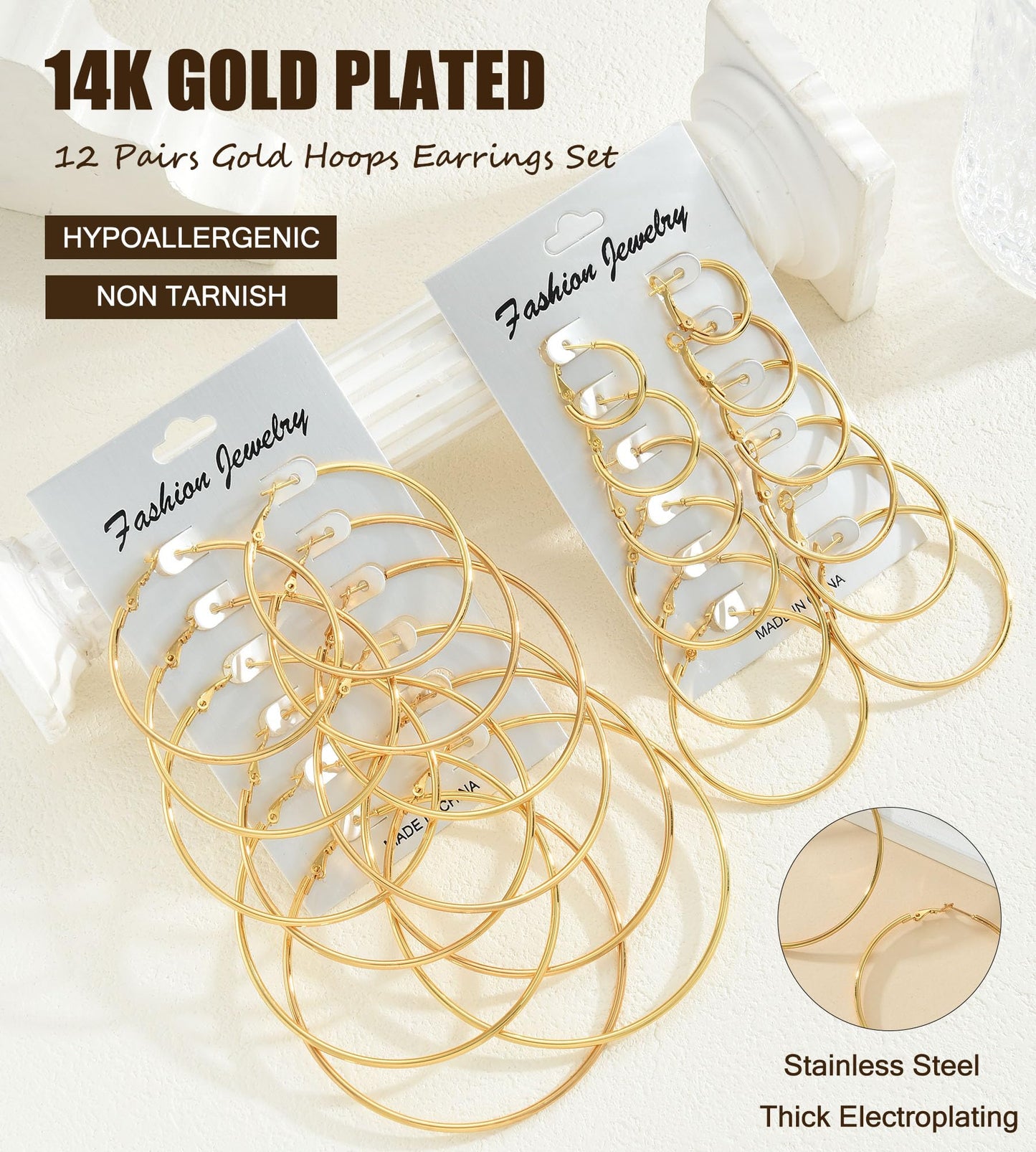 Gold Hoop Earrings Set for Women, 18 Pairs Hypoallergenic Statement Open Pearl Hoops Earring for Multipack, Gold Chunky Hoop Earrings for Women Trendy Jewelry (Gold-14K-12 Pairs)