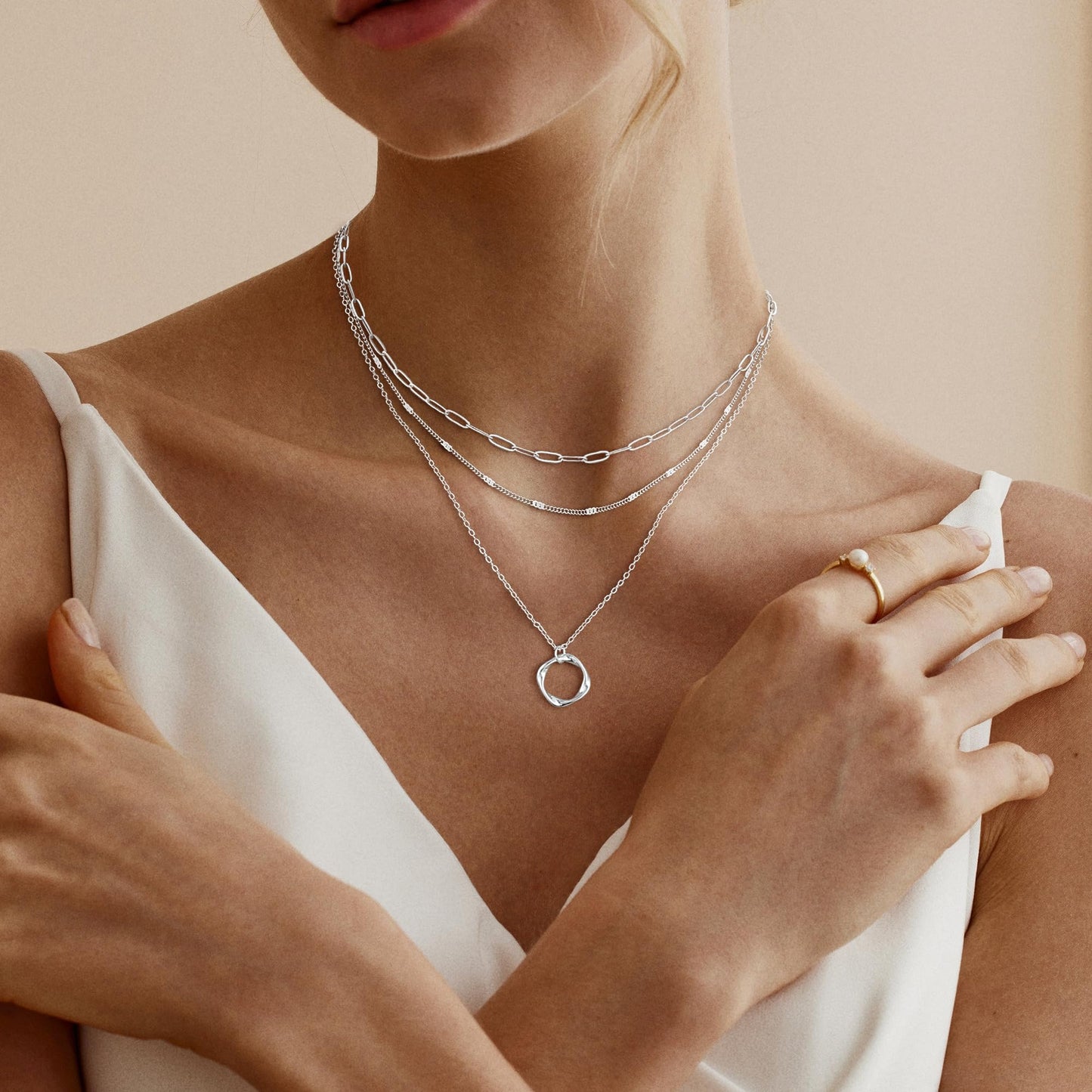 MFRYK Gold Necklaces for Women,14K Gold/Silver Plated Choker Layered Necklace Dainty Pearl Disc Cross Circle Heart Pendant Chain Stackable Necklaces, Multilayer Jewelry Set Gifts for Women