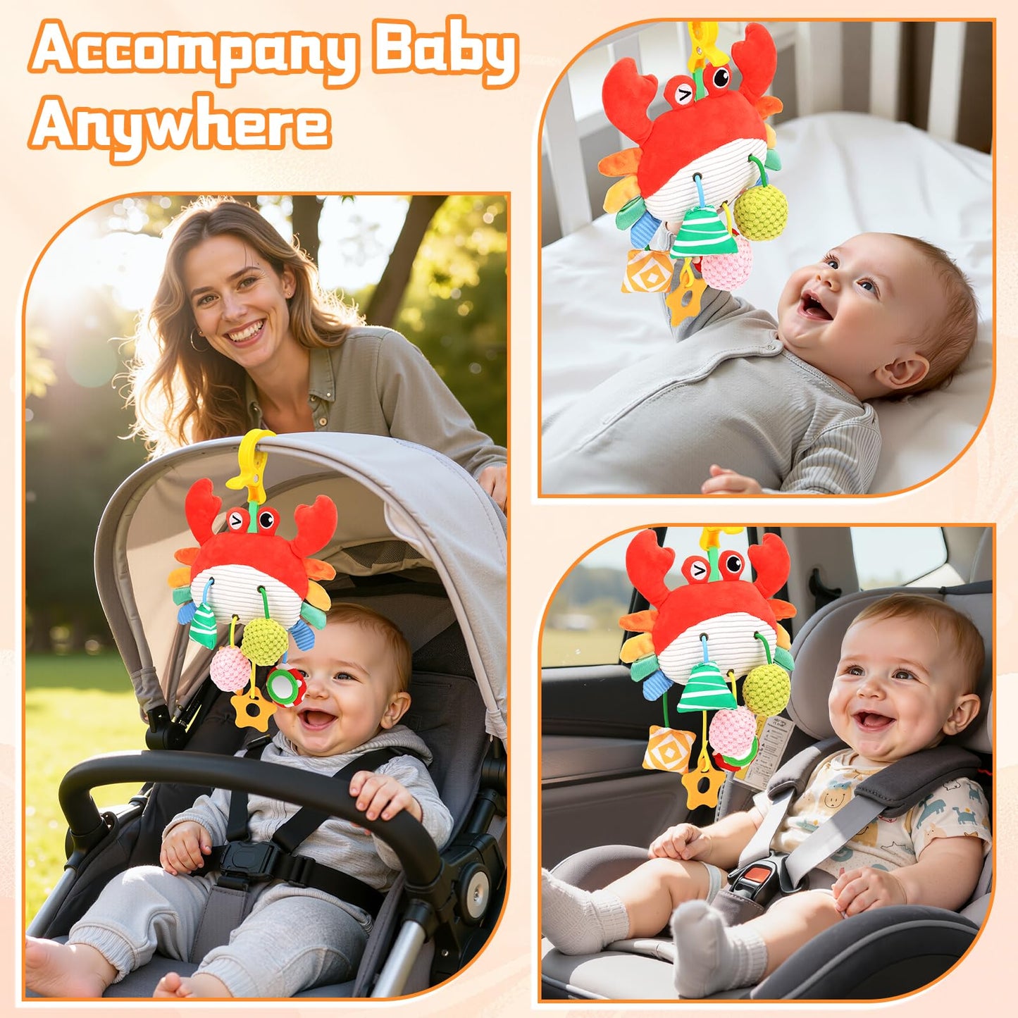 MPQMPQ Car Seat Toys for Babies 0-6 Months, Baby Hanging Toys for Car Seat, Stroller, Crib, Gym with Pulling Cords, Rattle, Mirror, Stroller Toys for Baby Infant Newborn Toddler Boy Girl Easter Gifts