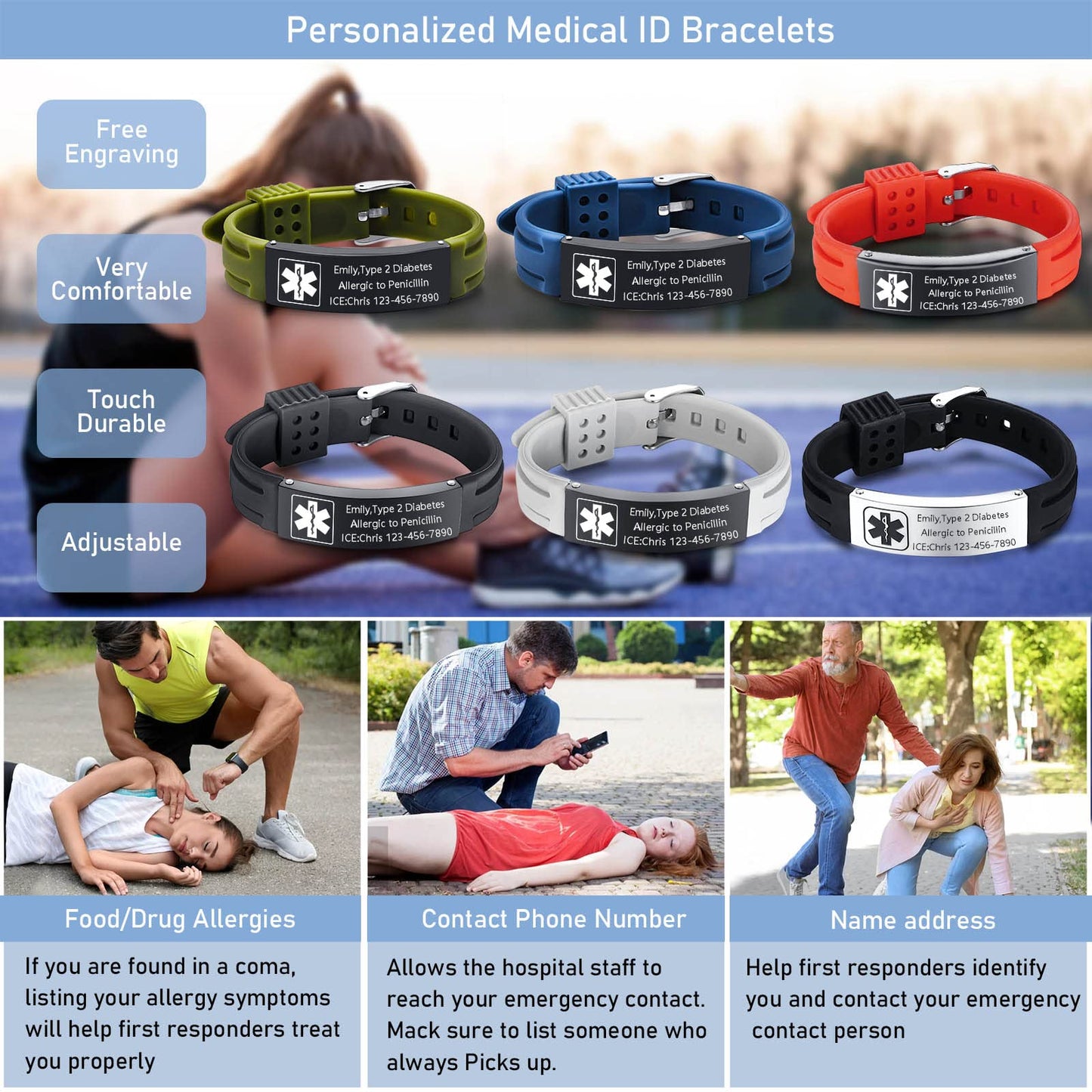 VNOX Medical Bracelet for Men Women-Medical Alert ID Silicone Stainless Steel Adjustable Bracelet,Fits Adults,Red