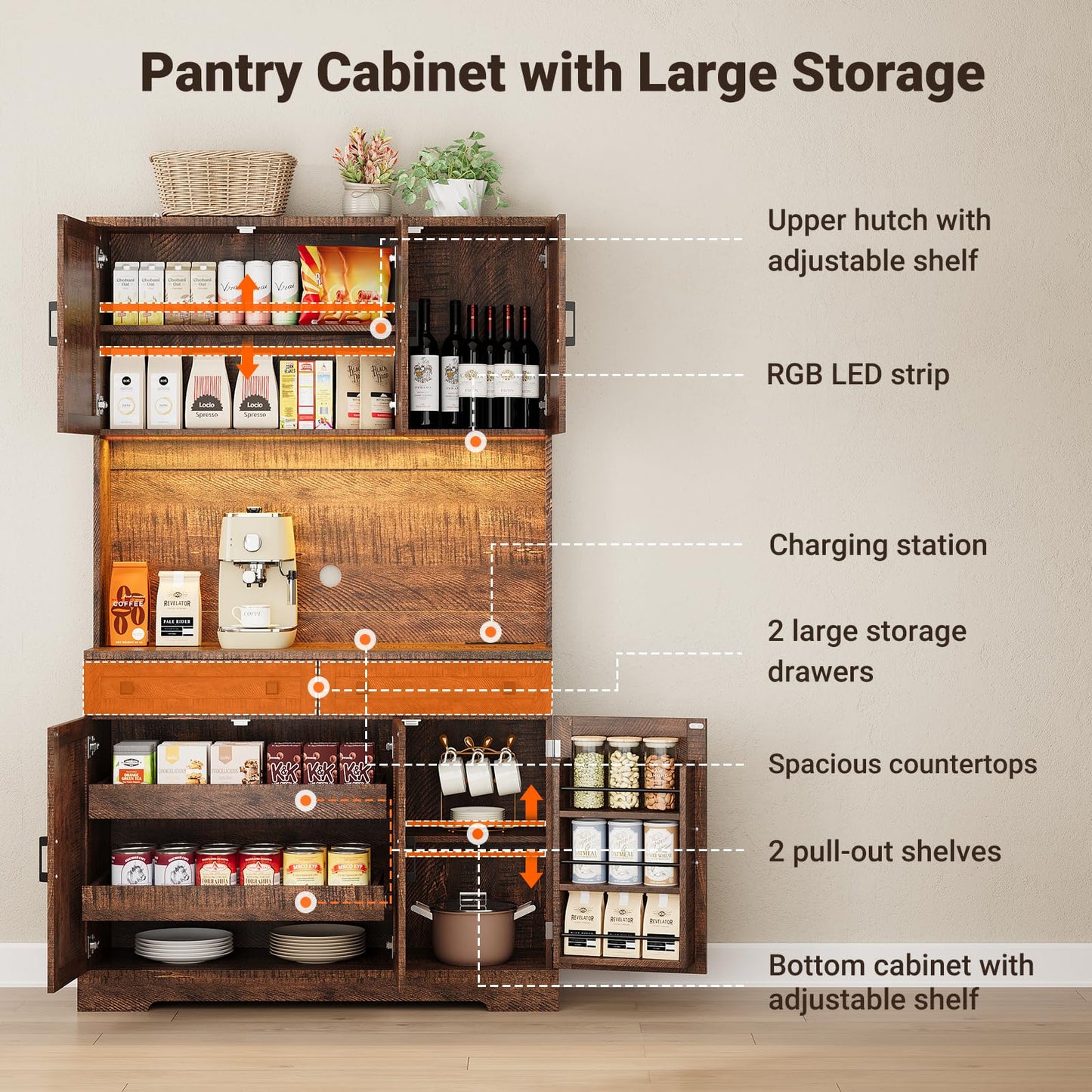ELYKEN 71" Tall Ktchen Pantry Cabinet with Charging Station & LED Lights, Farmhouse Kitchen Hutch Cabinet with Large Countertop for Dining Room Living Room, Brown