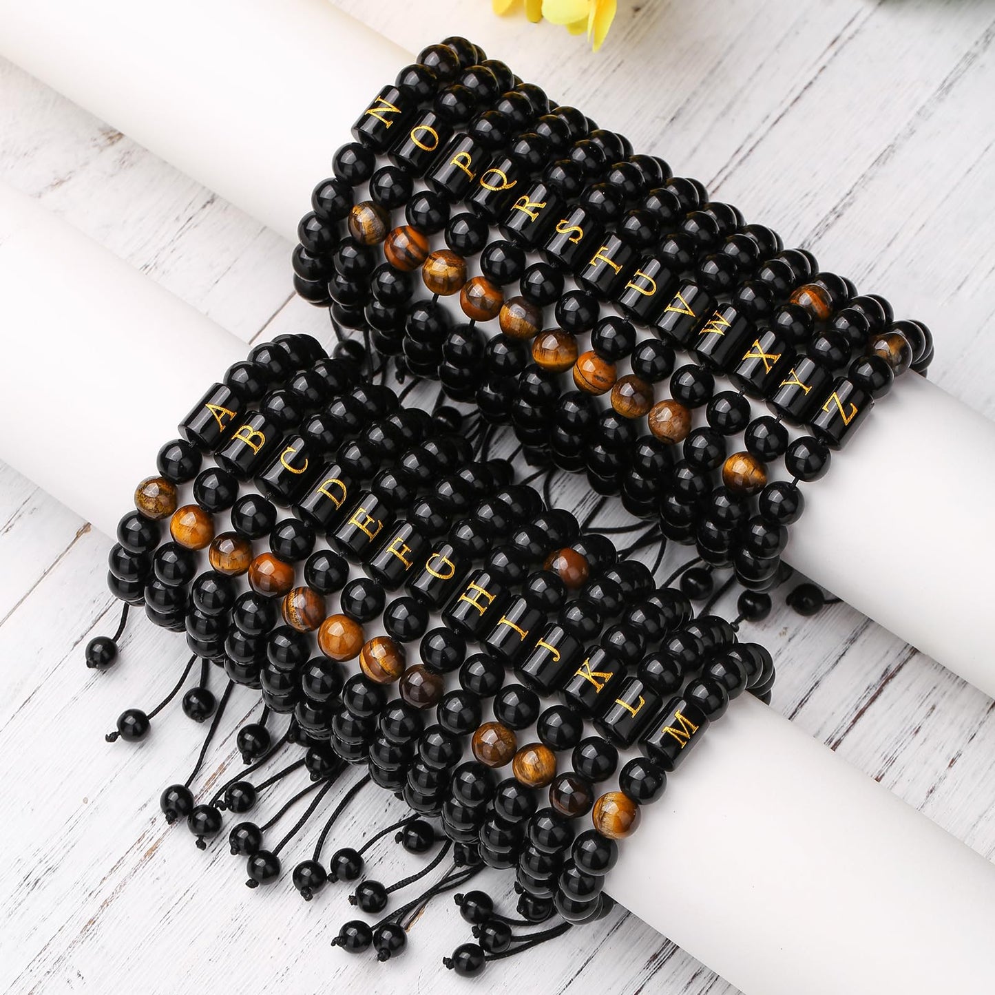 Handmade Initials Bracelets for Men Letter Link Natural Tiger Eye Black Onyx Beads Father's Day Birthday Gifts for Men Braided Rope, Meaningful Bracelet Custom Gifts for Him, Husband, Father, Boyfriend, Son( Letter Q, 26 Letters)