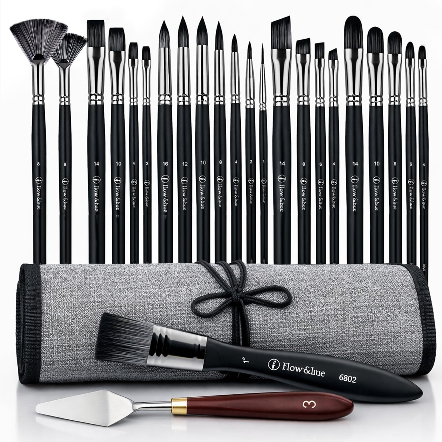 Flow & Hue 25 Pce Professional Paint Brush Set – Acrylic, Watercolor, Oil & Gouache - 9 Brush Shapes (Flat, Round, Filbert, Fan, Angle, Liner) + Palette Knife & Waterproof Canvas Roll Case for Artists