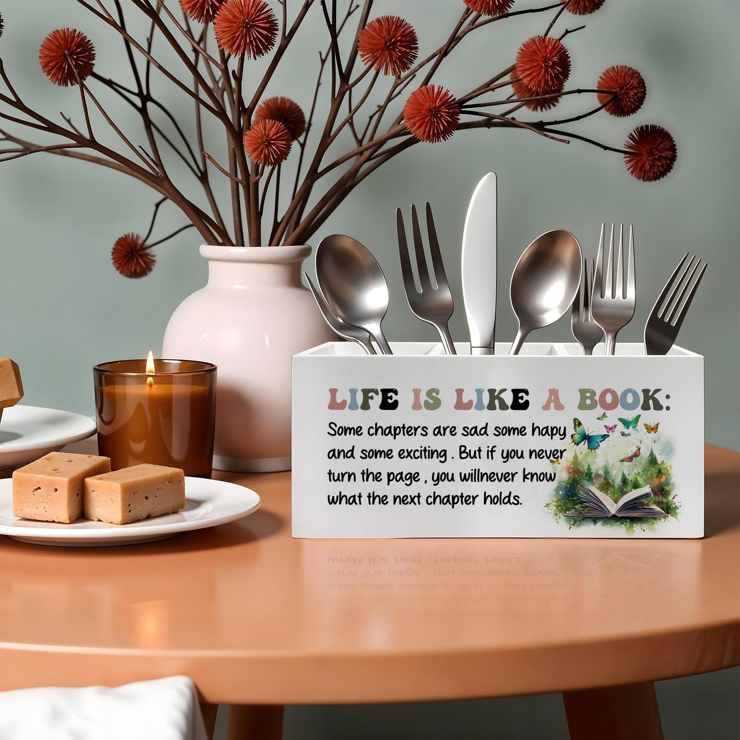 FITIE Inspirational Pencil Pen Holder for Desk, Life Is Like A Book Wooden Pencil Holder Organizer for Home Office Library Desk Accessories, Encouragement Gifts for Women