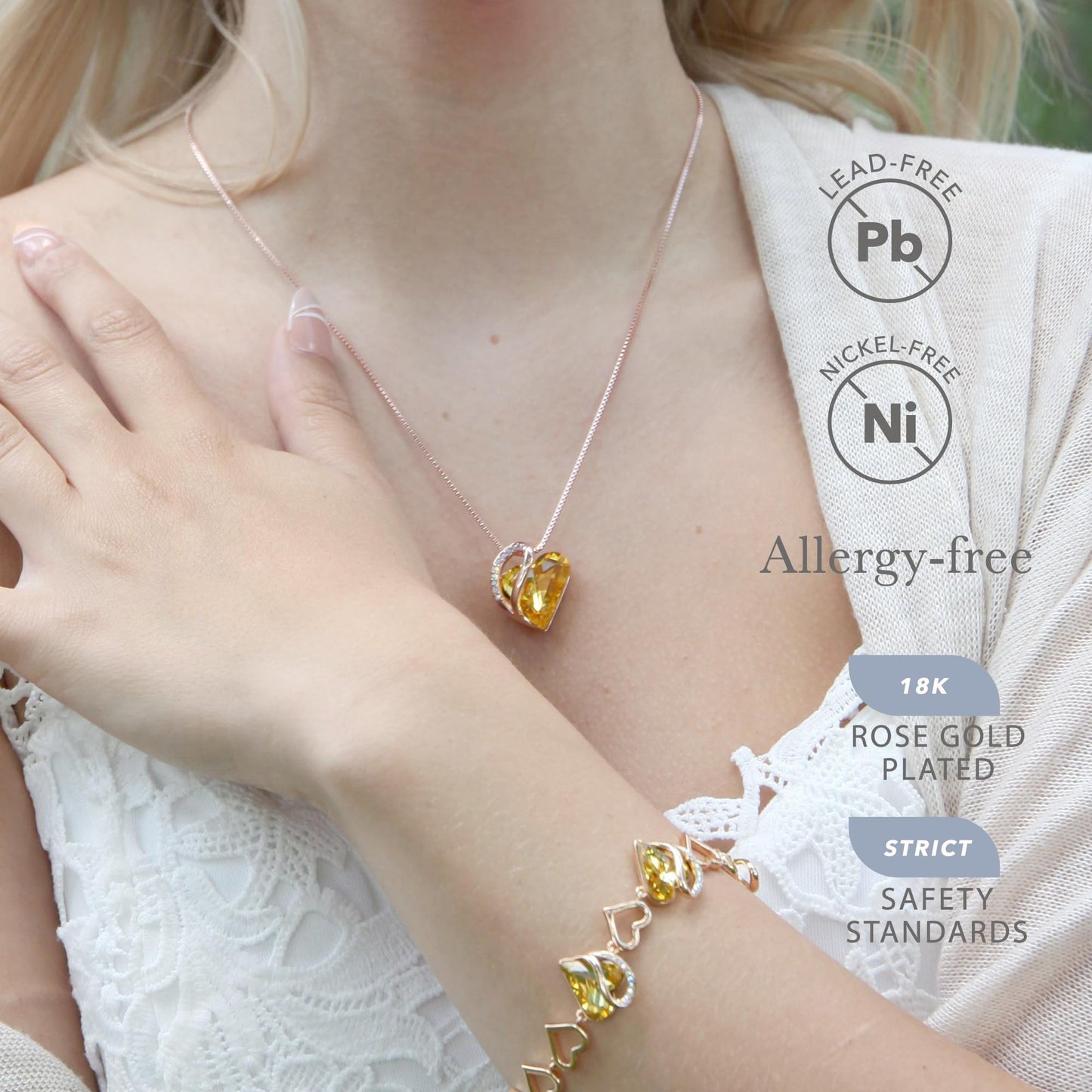 Leafael Gifts for Women Rose Gold Plated Necklaces: Heart Citrine Yellow Crystal, November Birthstone, Hypoallergenic Chain (18"+2"), Birthday Jewelry for Mom and Wife