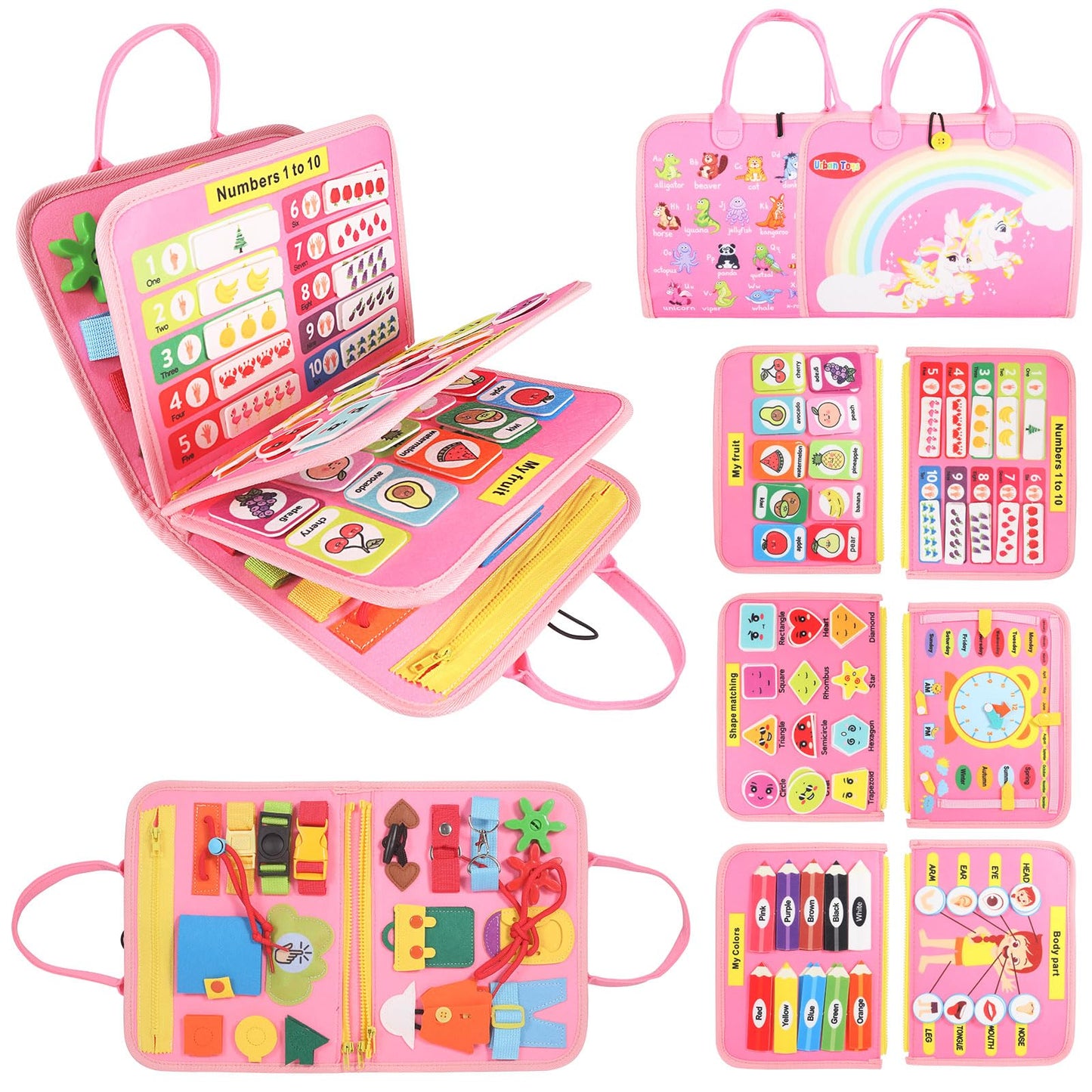 URBAN TOYS Montessori Busy Board - Ideal Busy Book Toddler Toys & Gifts for Boys & Girls, Toddler Travel Essential for Airplane & Car, Sensory Toys, Great for Baby Gifts for Boys