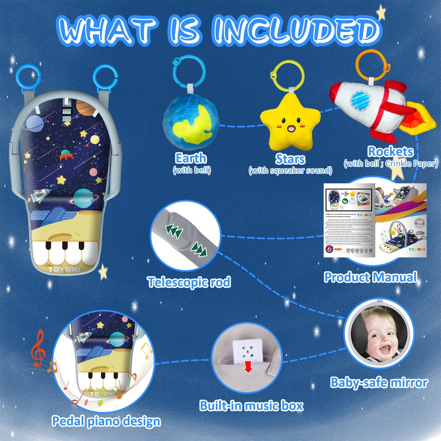 TOYMNI Car Seat Toys for Baby Infant 6 Months and Up, Carseat Toys with Musical Pedal Piano, Baby Mirror and Hanging Squeaky Sensory Soft Baby Toys 6 to 12 Months, Baby Car Toys Rear Facing