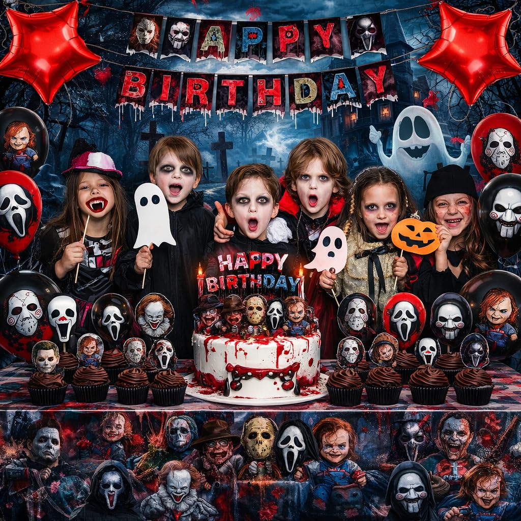 Taeku Horror Birthday Party Decorations – 50 Pcs Halloween Theme Kit with Banner, Balloons, Cake Toppers, Backdrop & Tablecloth – Scary Party Supplies for Kids & Adults