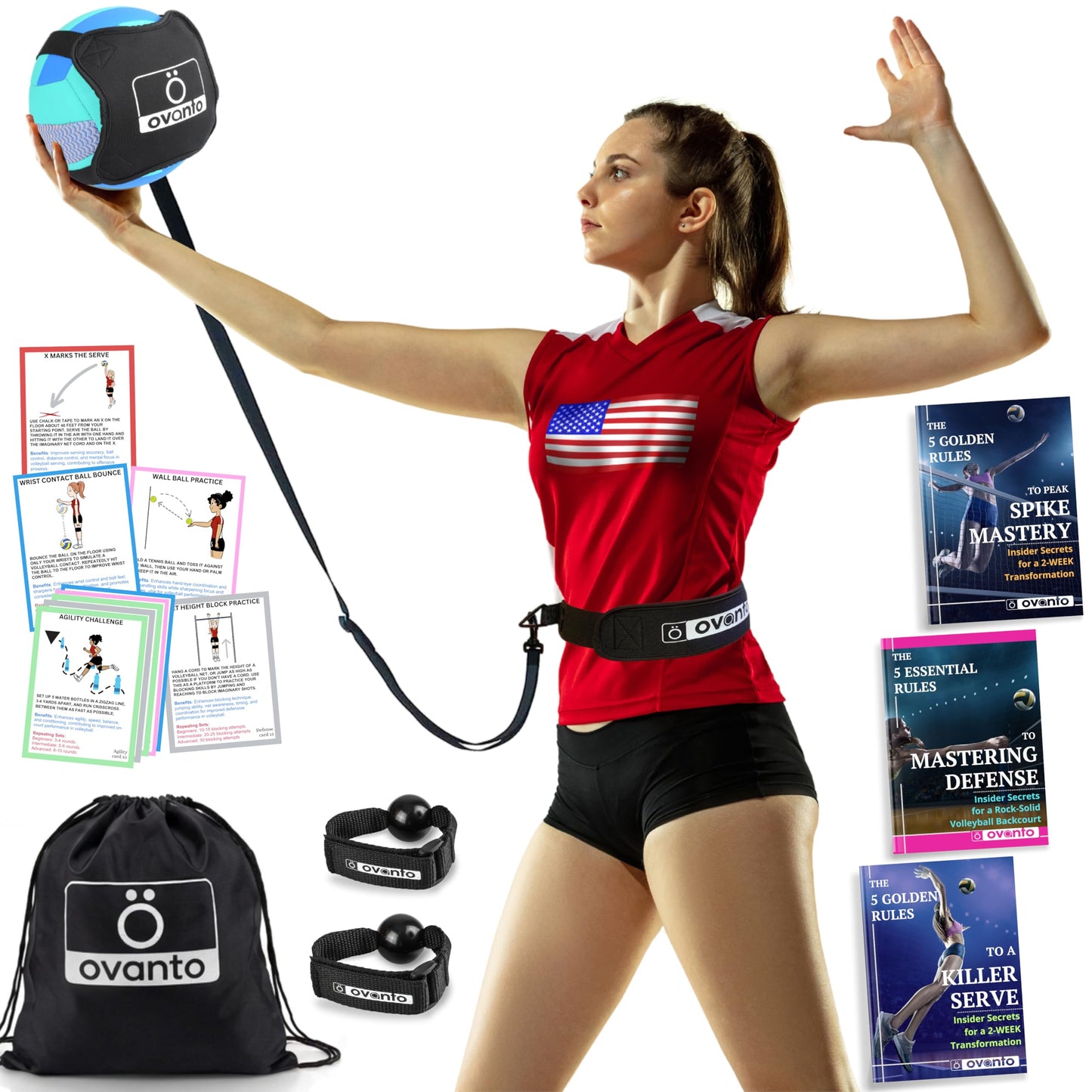 OVANTO Volleyball Training Equipment Aid – Adjustable Practice Hitting Rebounder in 4 Styles to Serve, Spike, Set, and Pass Like a Pro - Volleyball Practice Equipment Gift for Beginners & Experts