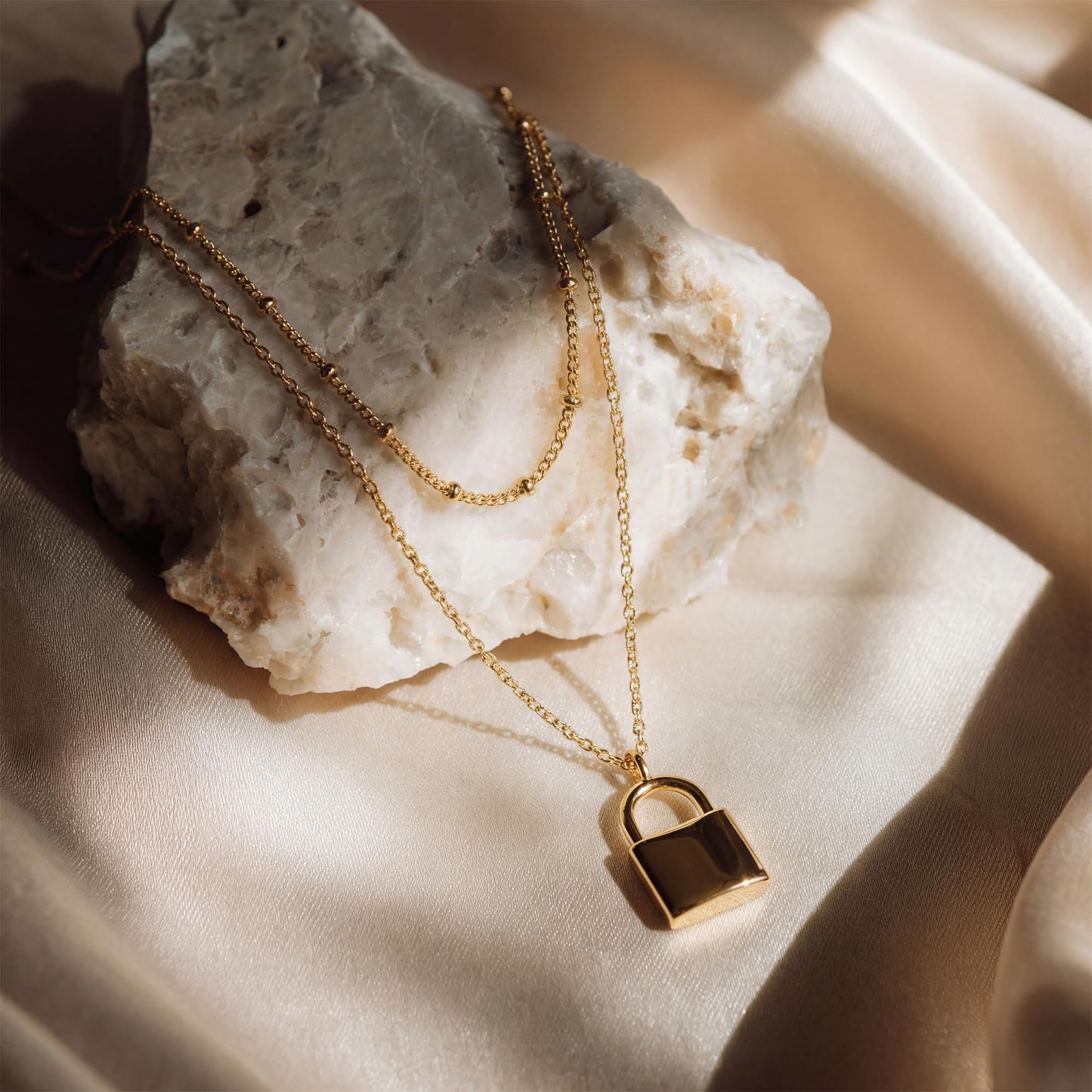 MEVECCO Gold Dainty Layer Lock Necklace,18K Gold Plated Cute Delicate Tiny Layered Bead Chain Necklace,Trendy Minimalist Necklace for Women
