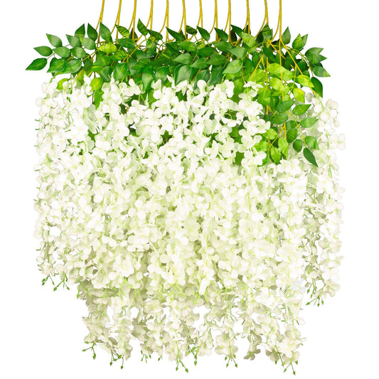 GPARK (36 Branches 12 Pack /45 inch /3.7ft Wisteria Hanging Artificial Flowers Fake Bushy Silk Vine Garland String for Wedding Party Garden Greenery Home Wall Deco Beige+Green+White