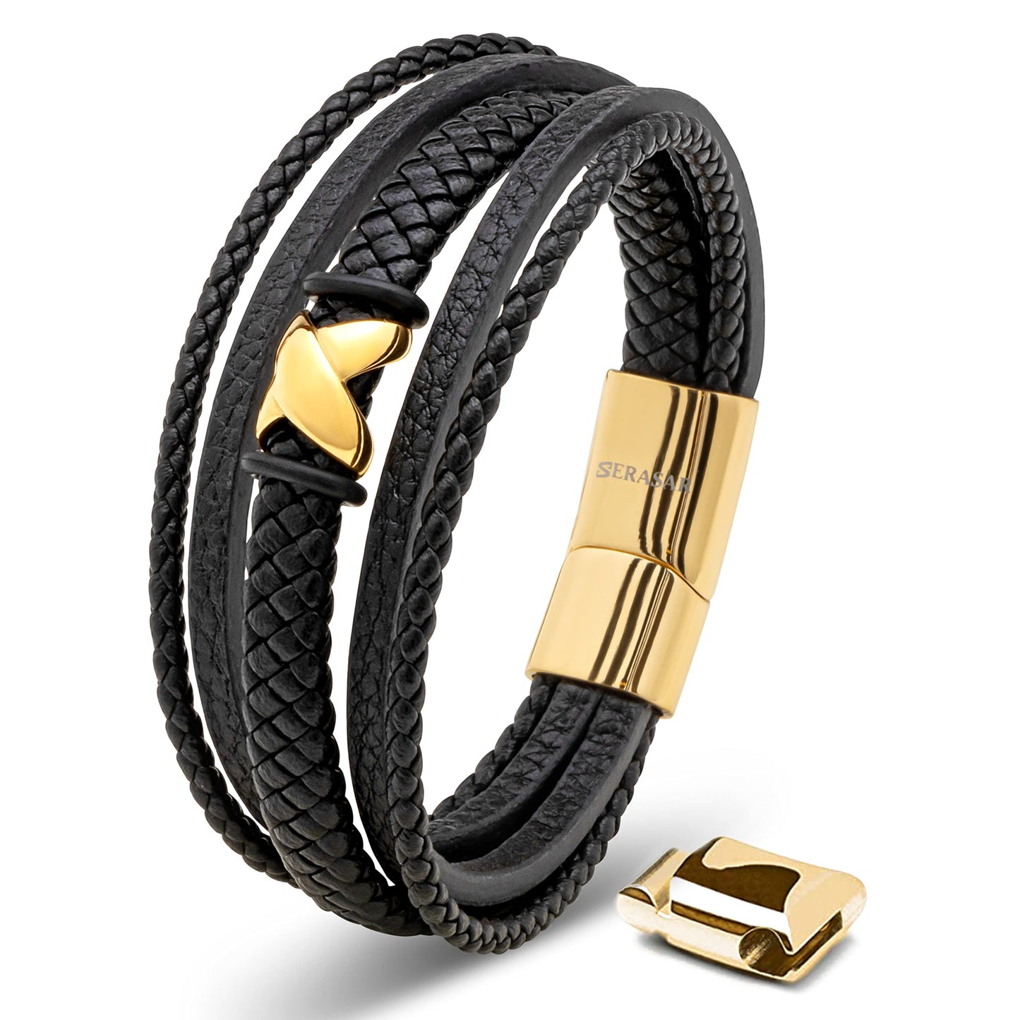 SERASAR Pulsera de oro para hombre 17cm con caja regalo hombre, trenzas piel vaca, cierre magnetico ajustable, joyero multicapa, joyeria cuerda magnetica masculina