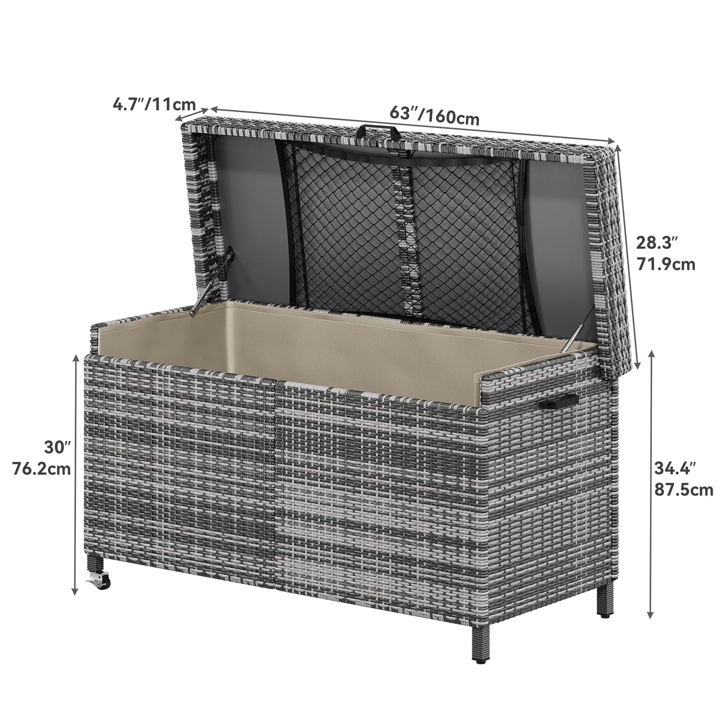 YITAHOME 200 Gallon Outdoor Storage Box w/Storage Net, Rattan XL Outdoor Deck Box, Patio Cushion Storage, Outside Storage Box for Patio Furniture, Garden Tools, Pool Sports Equipment (Grey)