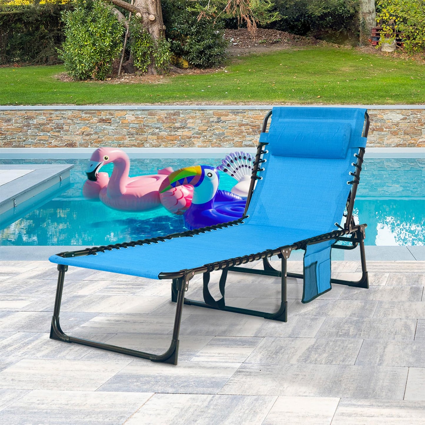 Foristrail Folding Chaise Lounge Chair Bed - Heavy-Duty 400lb Capacity Portable Adjustable Recliner w/Pillow for Patio, Pool, Camping, Sunbathing - Lay Flat Design (Blue)