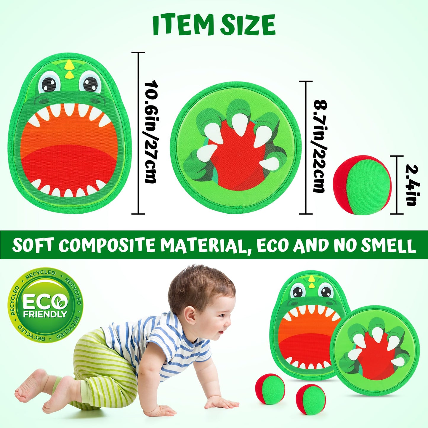 Billeeit 10.6 In Big Dinosaur Toss and Catch Ball Set, Catch Game Toys for Kids 3 4 5 6 7 8 9 10, Outdoor Yard Games Beach Toys for Family Outside Activities w/4 Big Rackets, 4 Balls, 1 Drawstring Bag