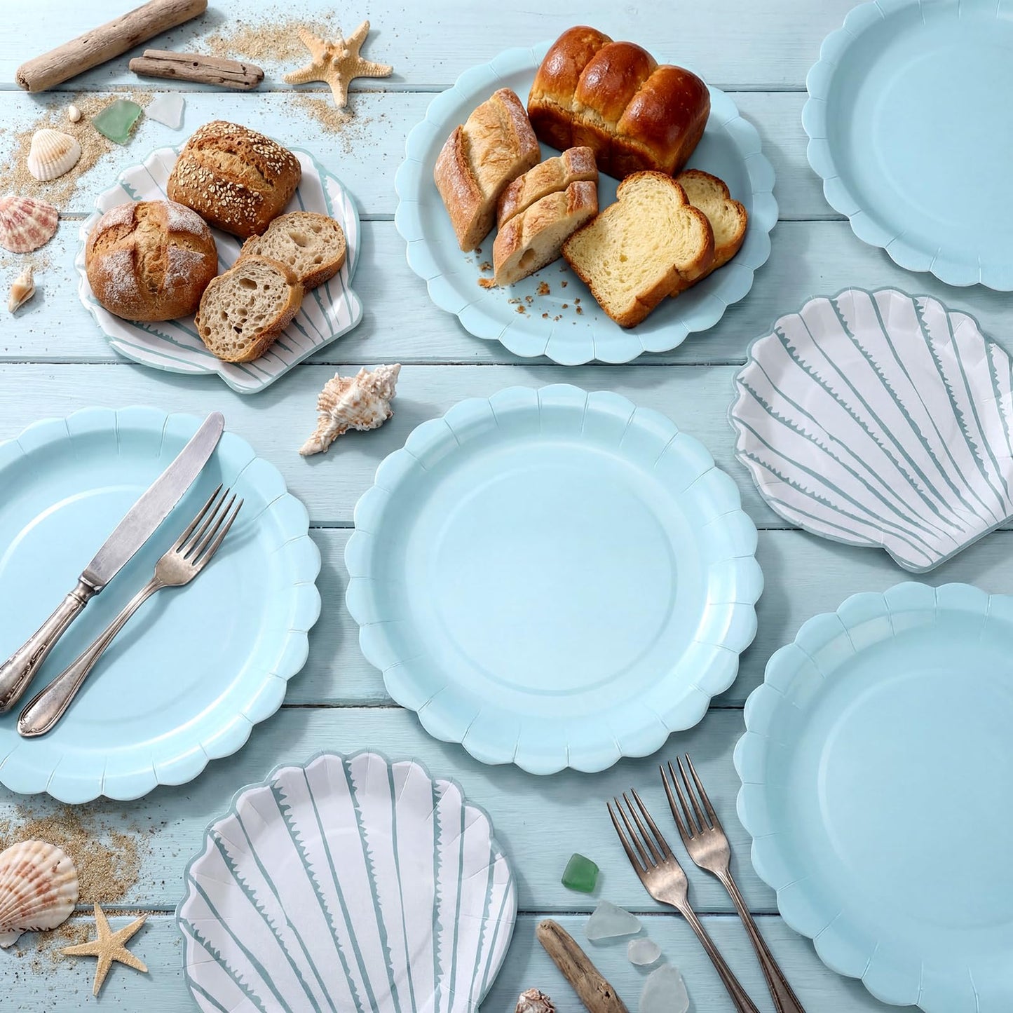 Ferrochef 100 Pcs Ocean Seashell Party Plates Supplies Set 7'' Seashell Disposable Paper Plates 9'' Floral Shaped Paper Plate for Summer Coastal Beach Mermaid Themed Birthday Baby Shower Decoration