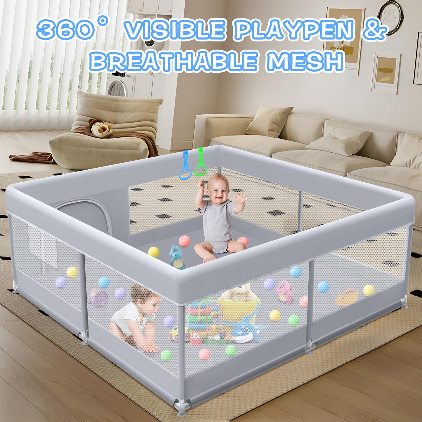 XVISHX Baby Playpen 50 x 50 Inch Play Pen Playards, Playpen for Babies and Toddlers, Baby Playard for Indoor & Outdoor Active Center Game Fence, with Skin-Friendly Fabric and Soft Breathable Mesh Grey