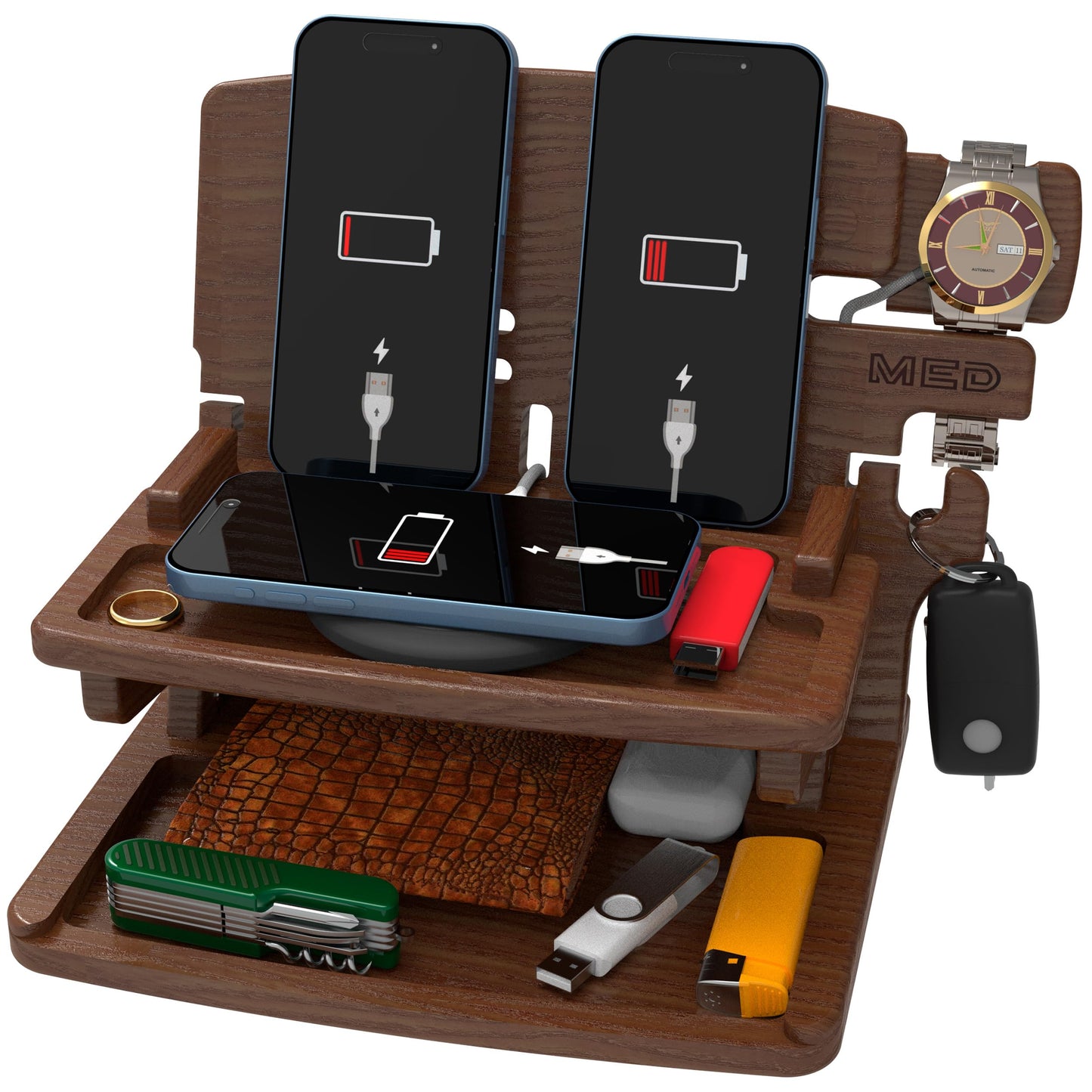 MED Wood Phone Docking Station for Men - Desk or Nightstand Organizer - Birthday Gifts for Husband, Dad - Anniversary Idea from Wife - Key Holder, Stand Wallet, Watch & Essentials (Dark Walnut)