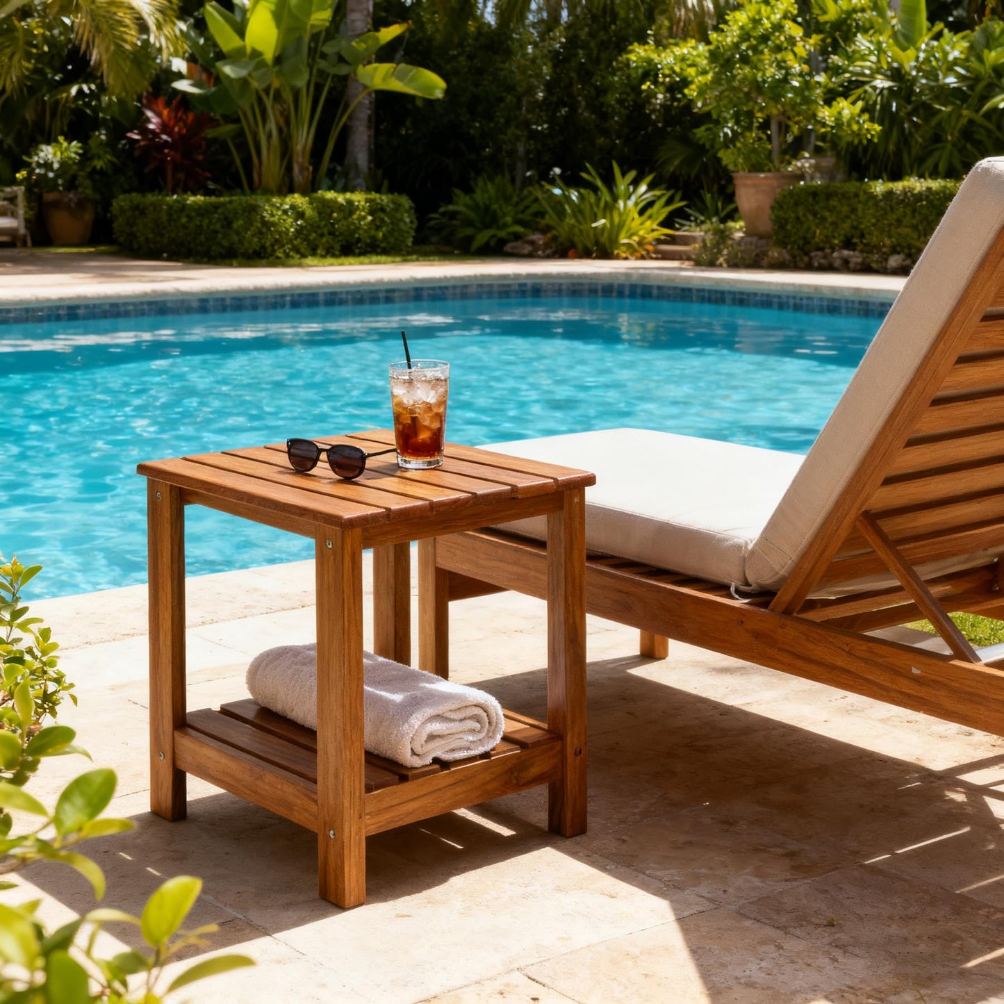 Utoplike Teak Side Table Outdoor, Patio End Table Double Layer, Wooden Coffee Accent Tables for Backyard, Garden, Bed, Living Room, Couch, Two-Tier