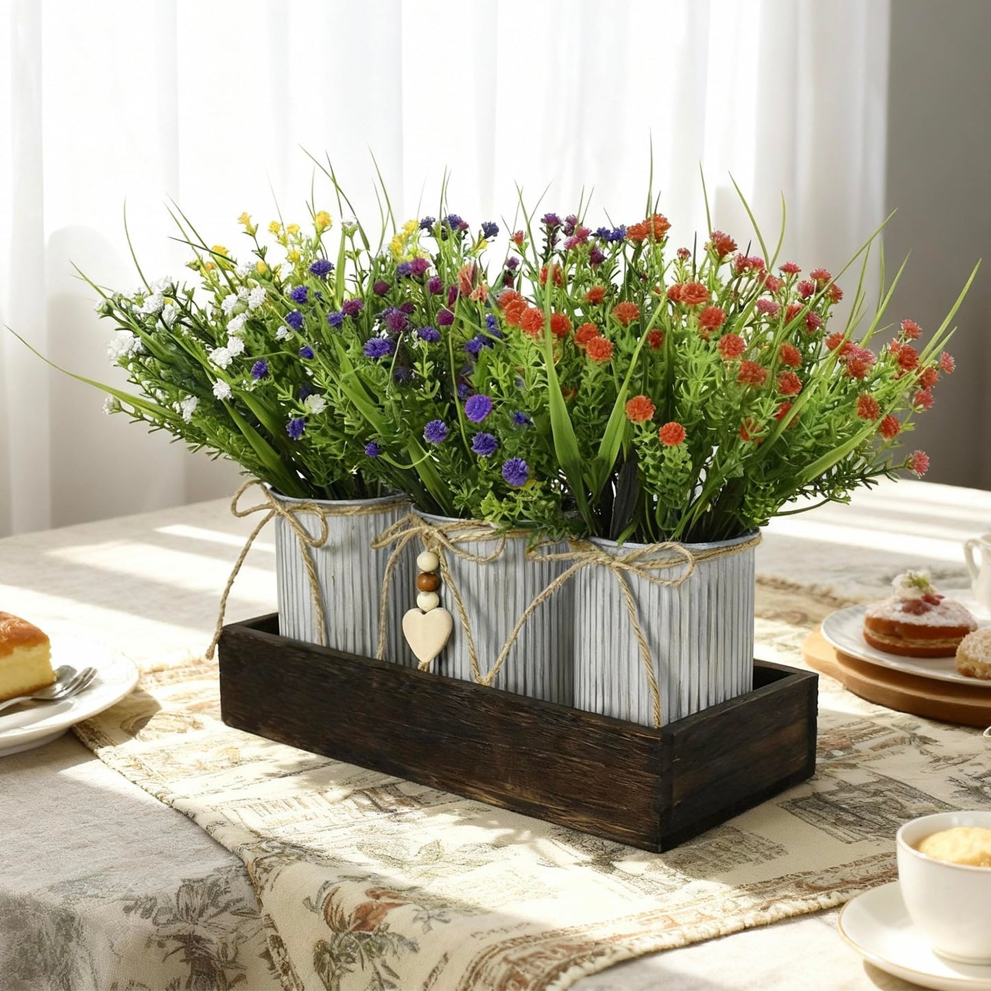 CANCLEAR Artificial Baby’s Breath (Gypsophila) Centerpiece — 3-Metal-Pot Rustic Table Decor on Wooden Tray, Faux Gypsophila Bouquet for Home, Wedding, Party, Living Room & Dining Table Decor