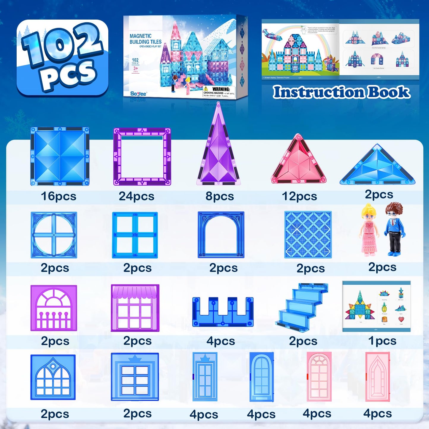 Magnetic Tiles 102pcs with 2 Stairs 2 Dolls Princess Castle Building Girls Toys Age 4-5 6-8 Magnetic Blocks Birthday Xmas Gifts for Girls Toys for 3 4 5 6 7 8+ Year Old