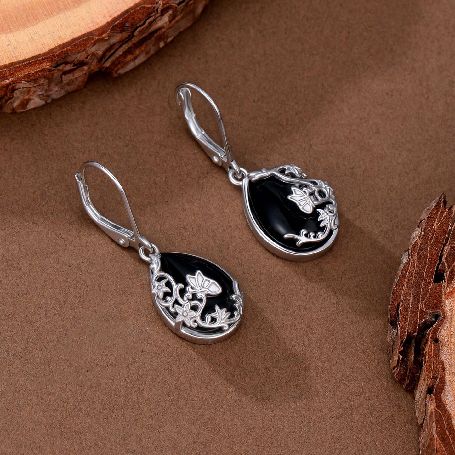 KoyeKei Black Onyx Earrings for Women 925 Sterling Silver Butterfly Filigree Dangle Drop Earrings Black Onyx Leverback Filigree Butterfly Jewelry Christmas Gift for Girlfriend Wife Daughter