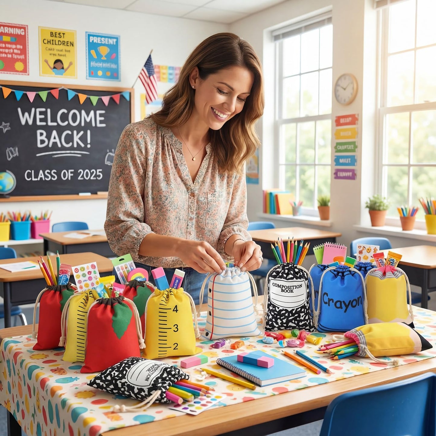 Sweetude 36 Pcs Teacher Appreciation Survival Kit Gifts Bags 4 x 6 Inch Composition Notebook Teacher Survival Supplies Drawstring Bags Pencil Crayon Apple Ruler in Bulk Thank You Canvas Makeup Pouch