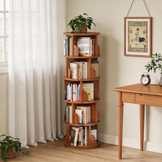 JIANXINGHOOM 5-Tier Rotating Bookshelf,Rolling Bookcase with 360° Spin for Small Spaces, Corner Revolving Organizer for Home Office, Bedroom, Kids Room Walnut Finish