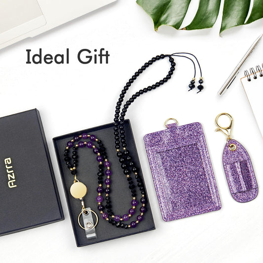 Azrra Lanyards for ID Badges and Keys, Natural Stone Beaded Teacher Lanyard with Bling ID Badge Holder and Pen Holder, Cute Retractable Badge Lanyard for Women (Purple)