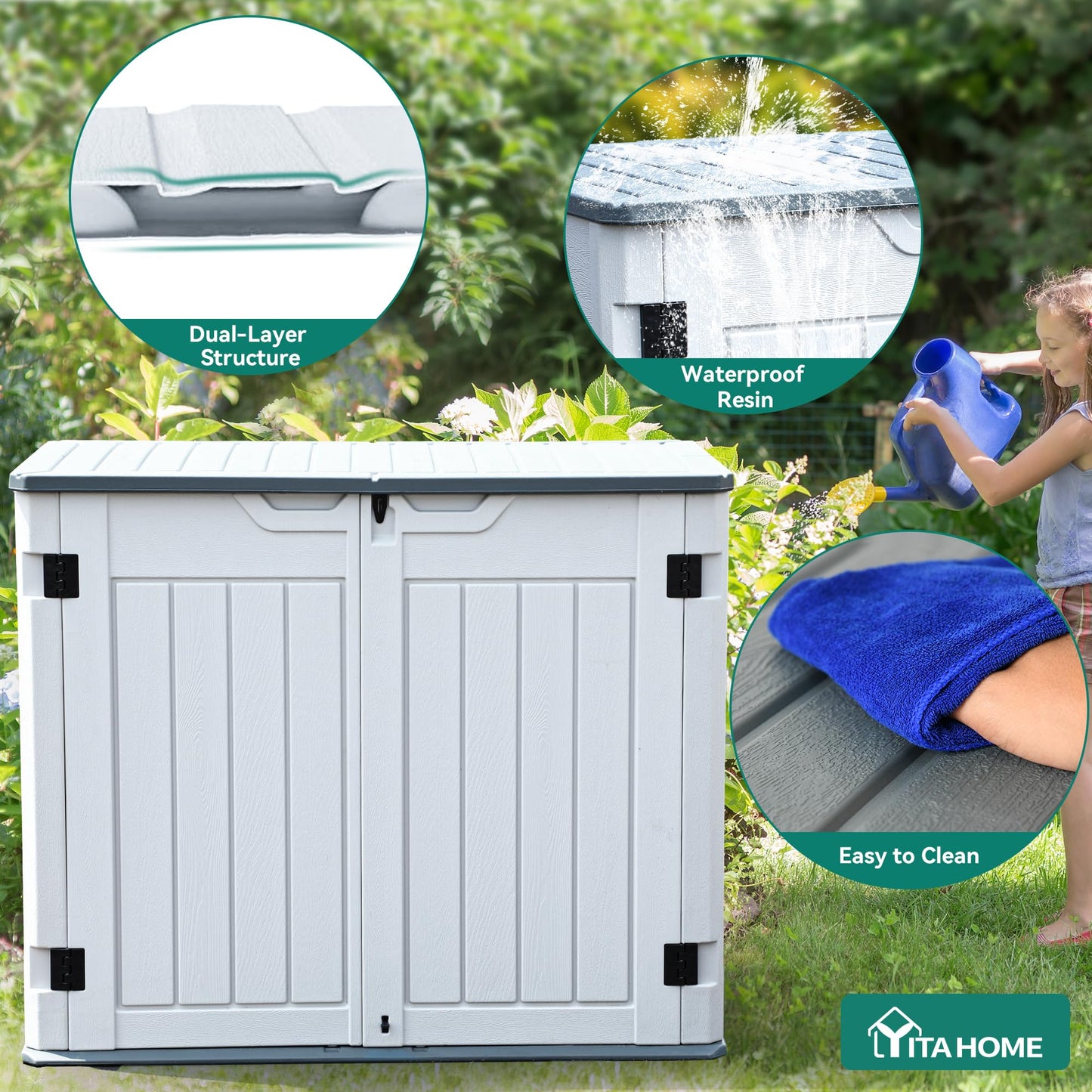 YITAHOME Extra Large Outdoor Horizontal Storage Shed, 4.5x4ft Resin Tool Sheds w/o Shelf, Easy to Assemble Waterproof Storage for Trash Cans, Garden Tools, Lawn Mower, Lockable, Light Gray