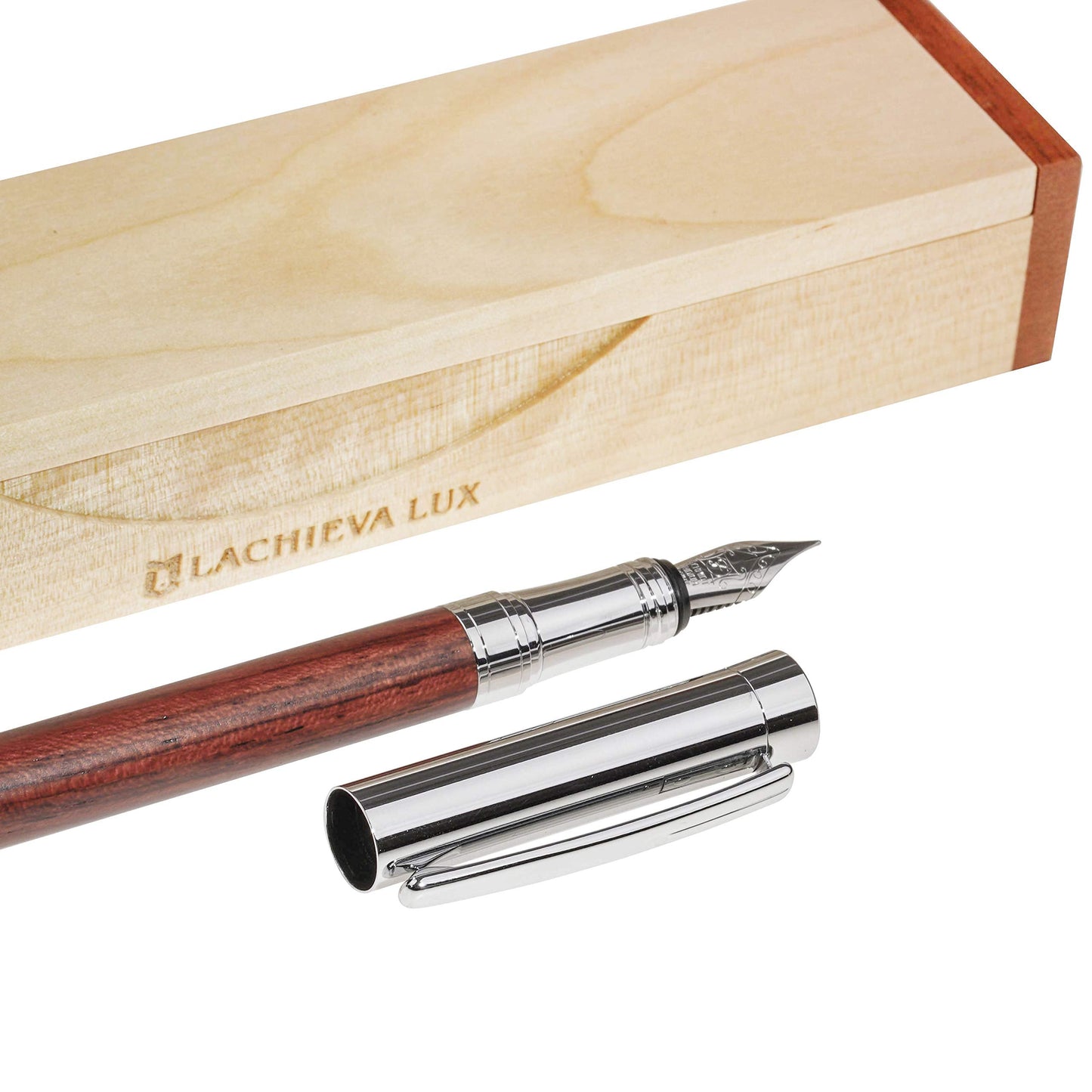 LACHIEVA LUX Rosewood Fountain Pen, German Fine Nib, Smooth Ink Flow, Wooden Gift Box with Converter & 2 Cartridges, Fancy Pen for Men and Women