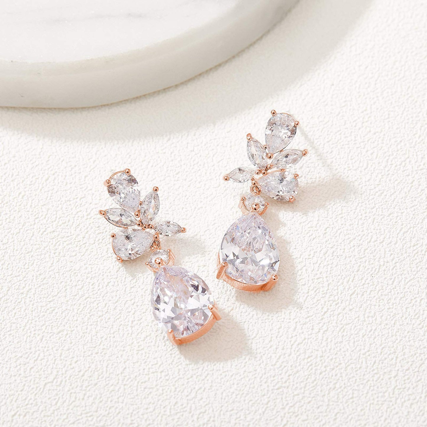 SWEETV Rose Gold Plated Elegant Bridal Wedding Earrings for Brides, Bridesmaids, Cubic Zirconia Teardrop Dangle Earrings for Women Formal Jewelry