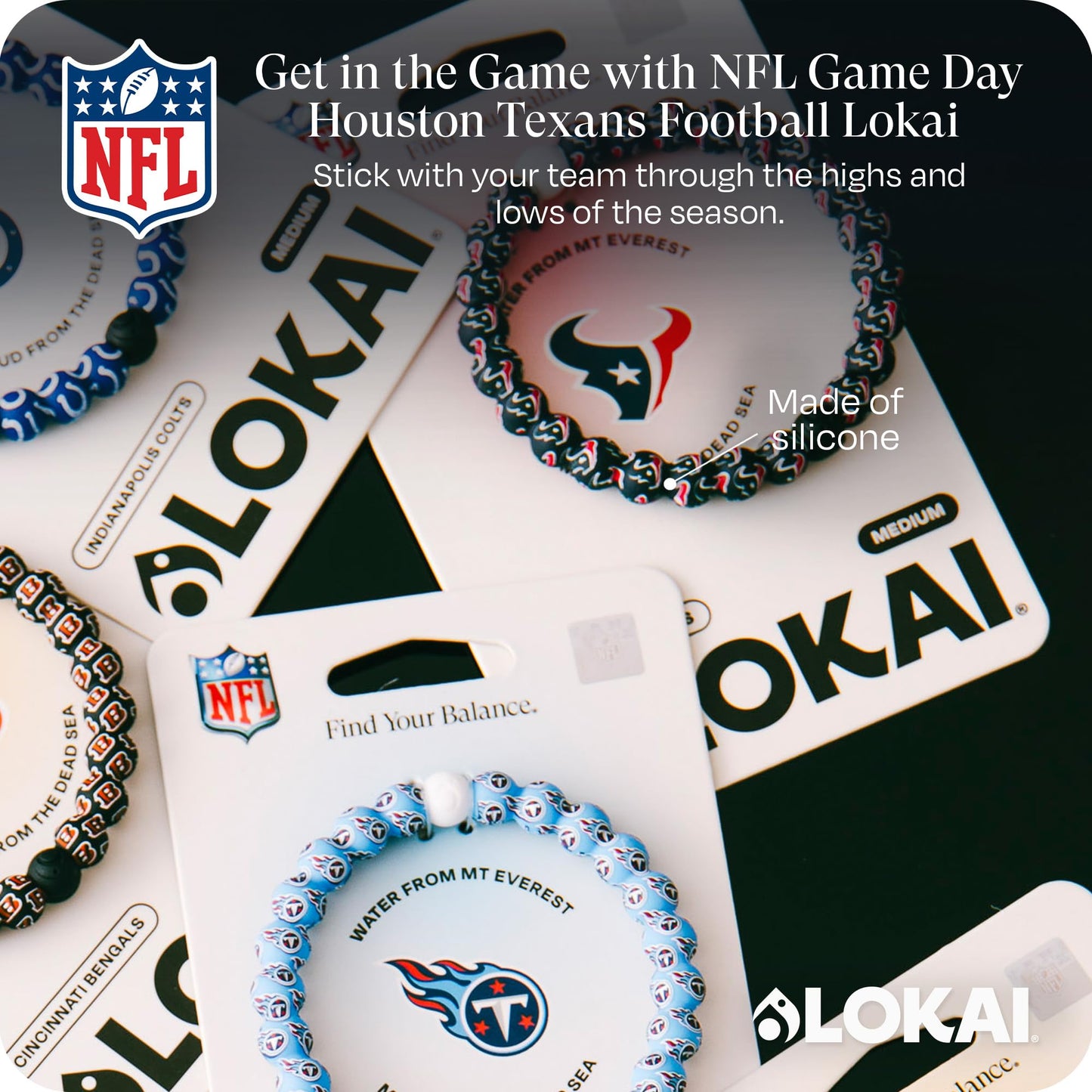 Lokai Silicone Beaded Bracelet for Men & Women, NFL Football Collection - Houston Texans, Medium - Silicone Jewelry Fashion Bracelet Slides-On for Comfortable Fit