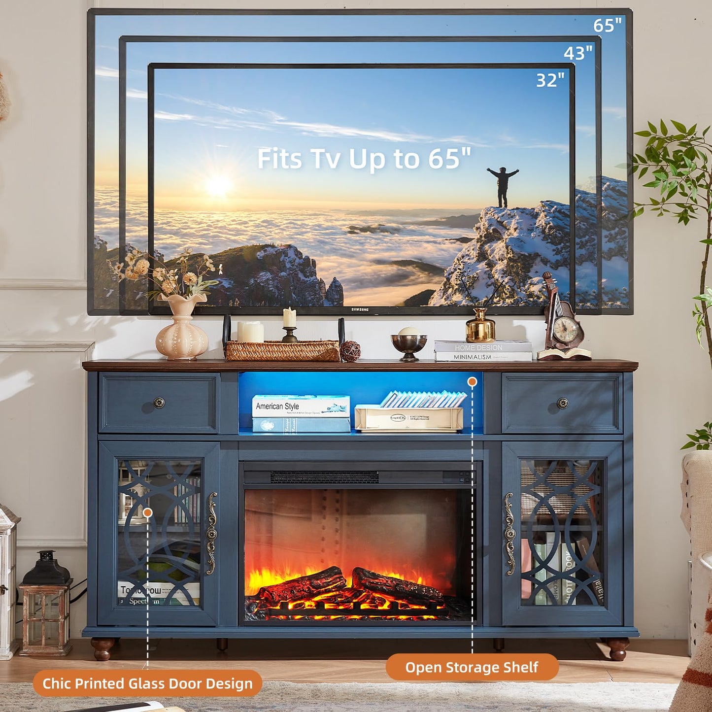 Joaxswe Farmhouse Fireplace TV Stand, 59" Entertainment Center with Electric Fireplace & LED Lights for TVs up to 65'', Glass Door Fire Place TV Stands for Living Room, Media Console w/Drawers, Blue
