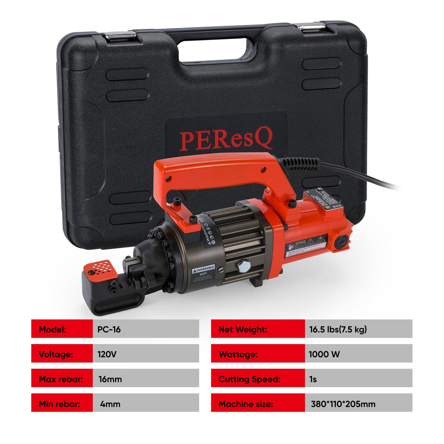 PEResQ Electric Hydraulic Rebar Cutter, 1000W 120V Corded, Portable Steel Bar Cutter, 5/8" (#5) 4-16mm Capacity, Cutting Speed 1s, Lightweight 16.5 lbs, Model PC-16 (Orange-16)