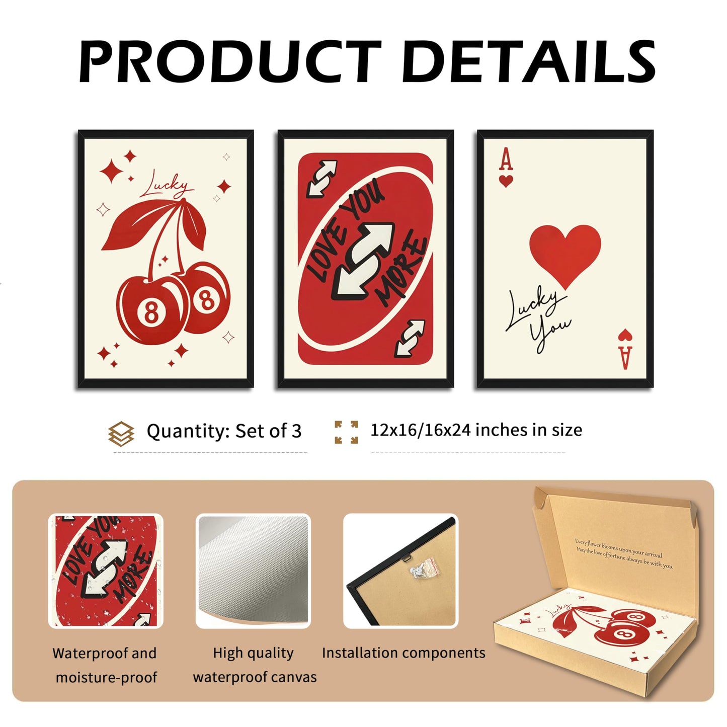 Red Heart Wall Art Set of 3, Trendy Love You More Valentine Wall Decor Paintings, Funky Y2K Ace of Hearts Canvas Prints Pictures, for Bedroom Dorm Bar Valentine Gift 12x16 Inch Wood Framed