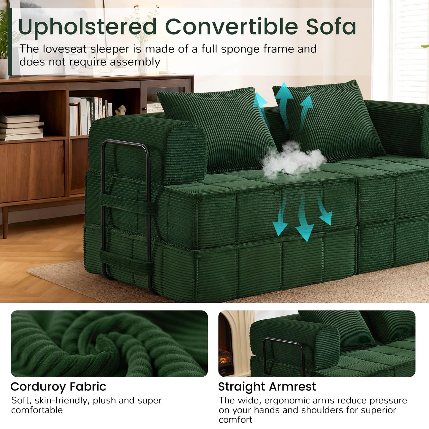 Korser 6-in-1 Convertible Sleeper Sofa Bed, Corduroy Folding Mattress Couch with Fixed-Shape Frame, Modular Foldable Boneless Couch, Loveseat Couches with 2 Pillows, for Living Room, Bedroom, Green