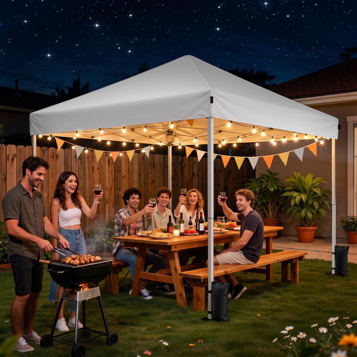Driftalia 10x10 Pop Up Canopy Tent, Instant Setup Portable Canopy with Carry Bag, 4 Sandbags and 8 Stakes for Outdoor Events, Parties & Camping - White