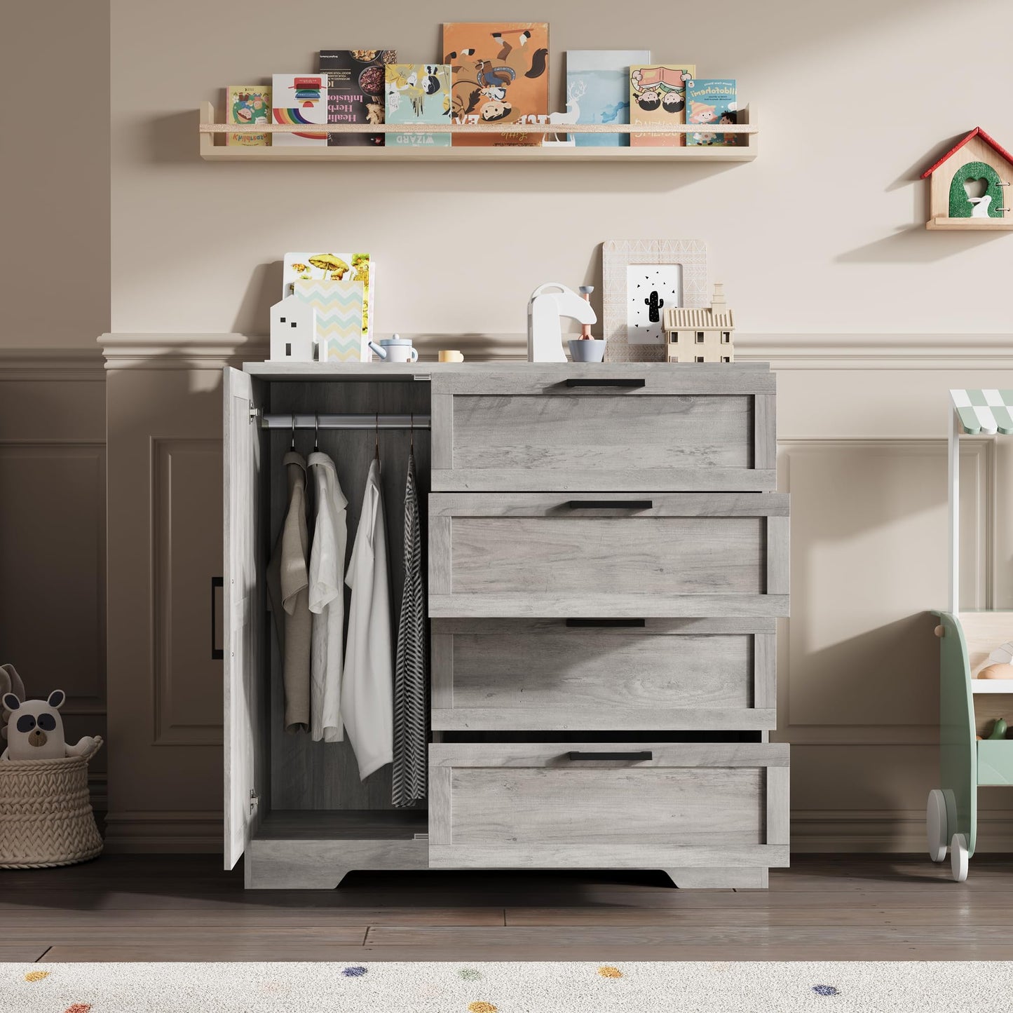 GarveeHome Wood Armoire Wardrobe Closet with 4 Drawers and Door, 43.3 in H Bedroom Wardrobe Cabinet with Hanging Rod, Clothing Storage Cabinets, 4 Drawers Dresser with Storage Closet, Gray