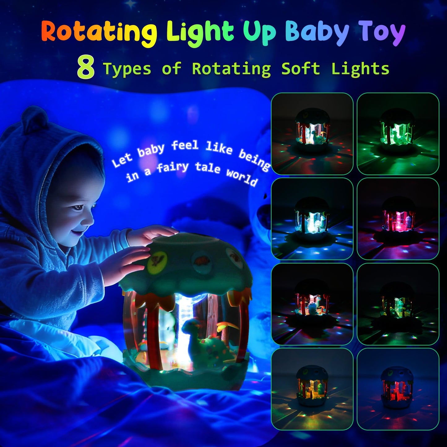 M SANMERSEN Baby Boy Toys 6-12 Months, Dinosaur Rotating Light Up Musical Baby Toys for 0-6 12-18 Months Newborn Infant Crawling Tummy Time Toys, Birthday Easter Gifts for Baby Boys- Green