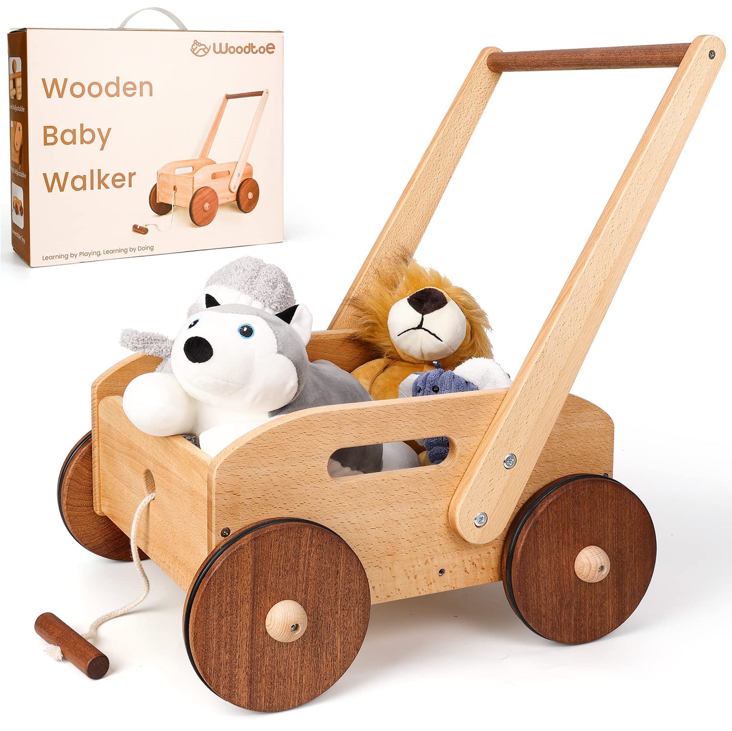 Woodtoe Wooden Baby Walker for Toddlers, Adjustable Speed Push Toys for Babies Learning to Walk, with Wooden Building Blocks Set for Kids, 24 PCS Rainbow Gem Cubes Stacking Blocks