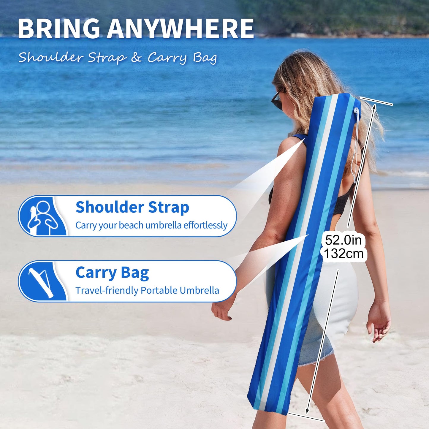 LANMOUNTAIN 8ft Large Beach Umbrella,Heavy Duty Wind Resistant Portable Sun Shade w/Tilt Pole&Sand Anchor,Shoulder Carry Bag,UV 50+ Protection,Air Vents Design for Patio Garden Pool(Blue Stripe)