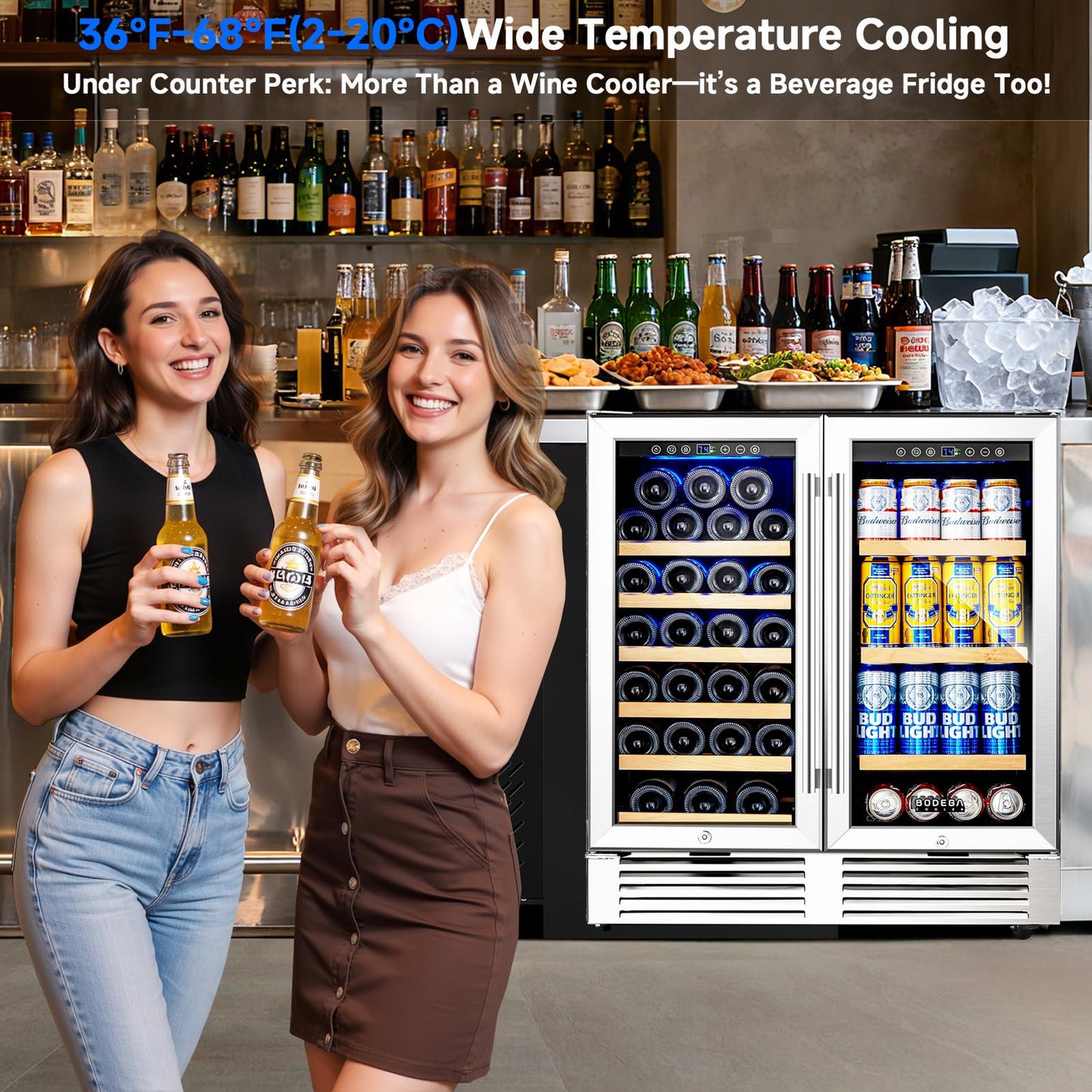 BODEGA 30" Back Bar Cooler with 2 Glass Doors, Commercial Wine & Beverage Refrigerator, Holds 31 Bottles & 92 Cans Dual Zone Drink Fridge, for Beer,Soda Drinks,Wine