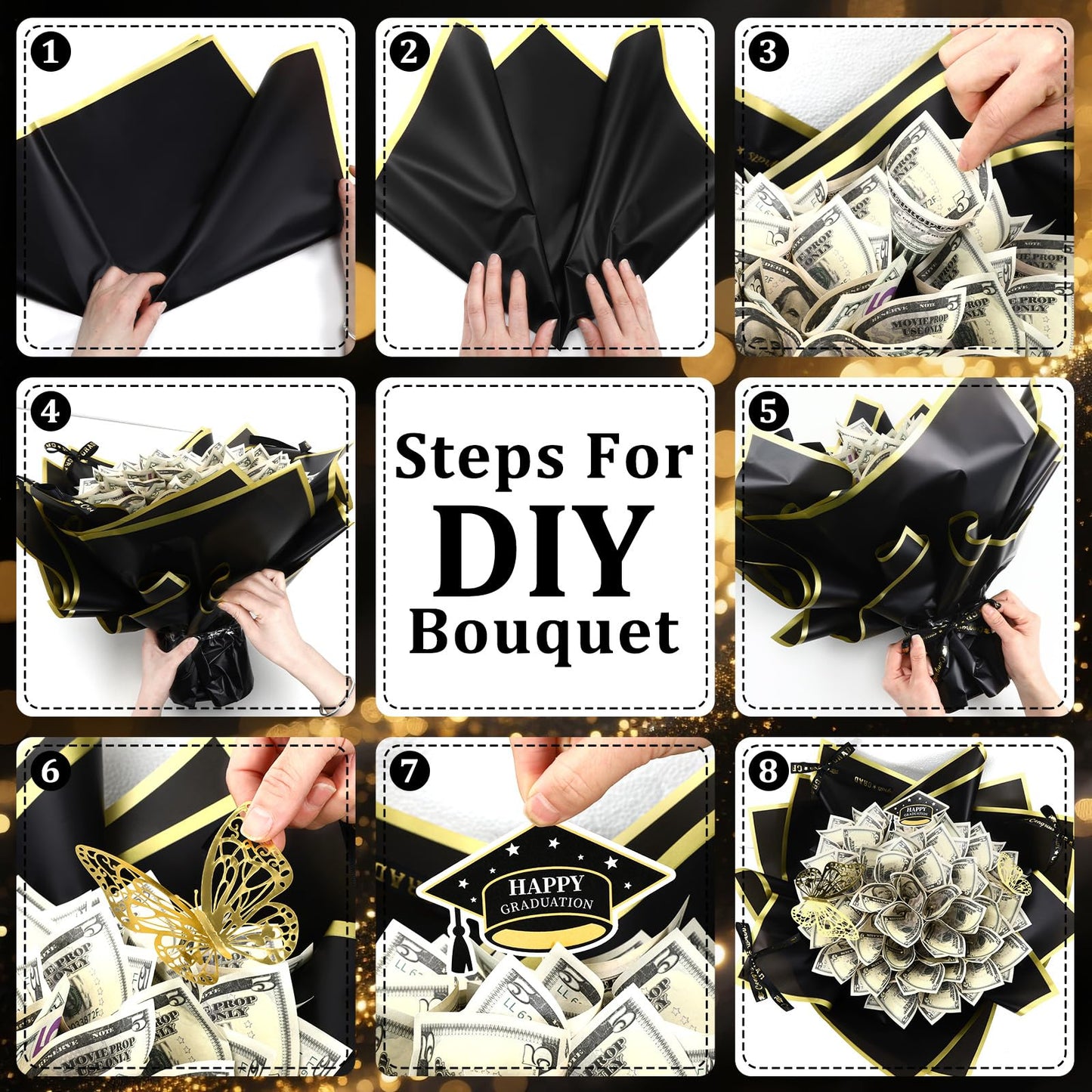 AUGSUN Graduation Money Bouquet Kit, Flower Bouquet DIY Gift Supplies with 20 Sheets Wrap Paper 100 Sticks Ribbon Cards 3D Butterflies for Class of 2026 Grad Party Favor Graduate Gifts