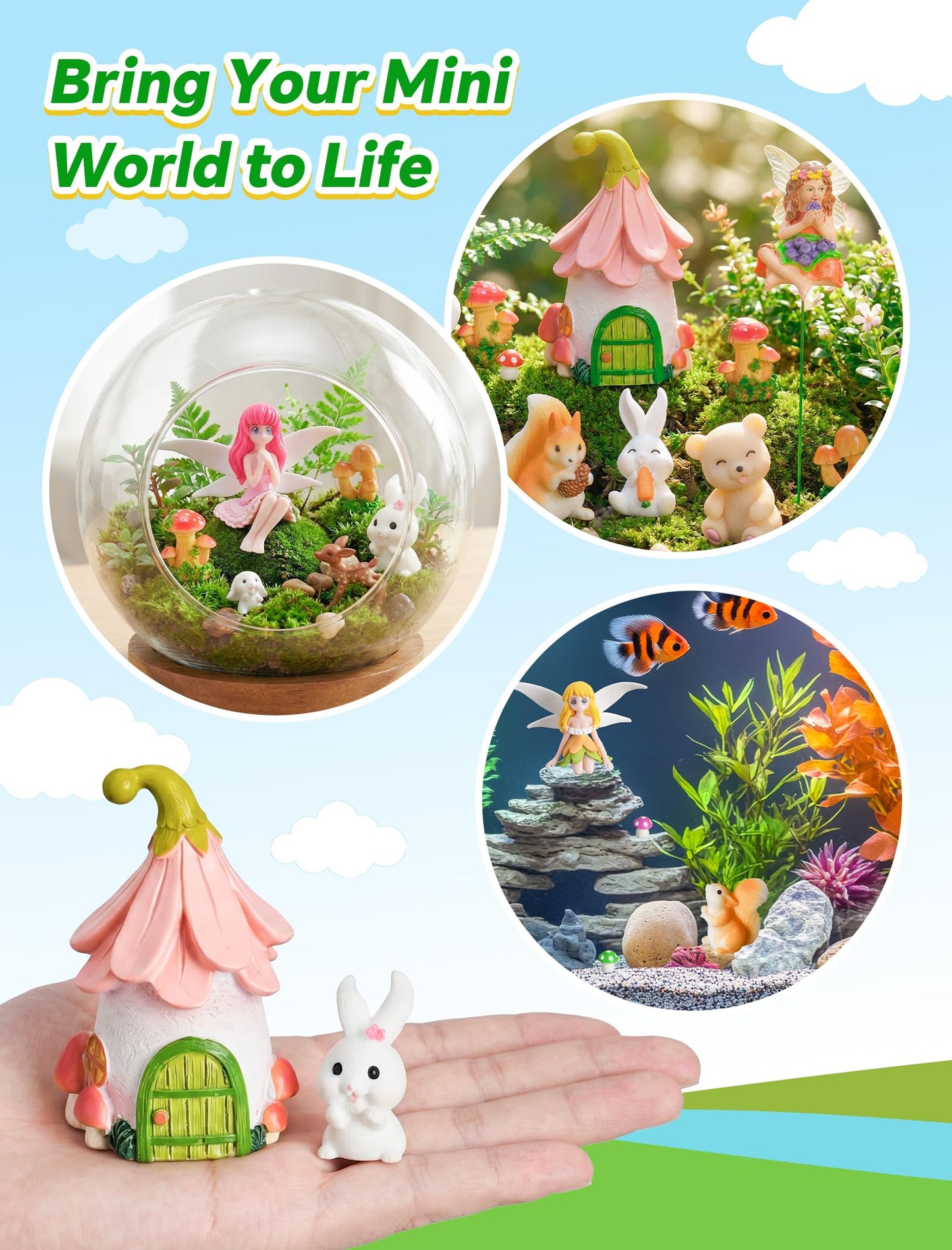 NiToy 50-Piece Mini Fairy Garden Accessories Kit, Resin Fairy House (3.1" H) with 49 Miniature Figurines - Animals, Mushrooms and Fairies for DIY Terrarium, Planter, Flower Pot and Desktop Decor