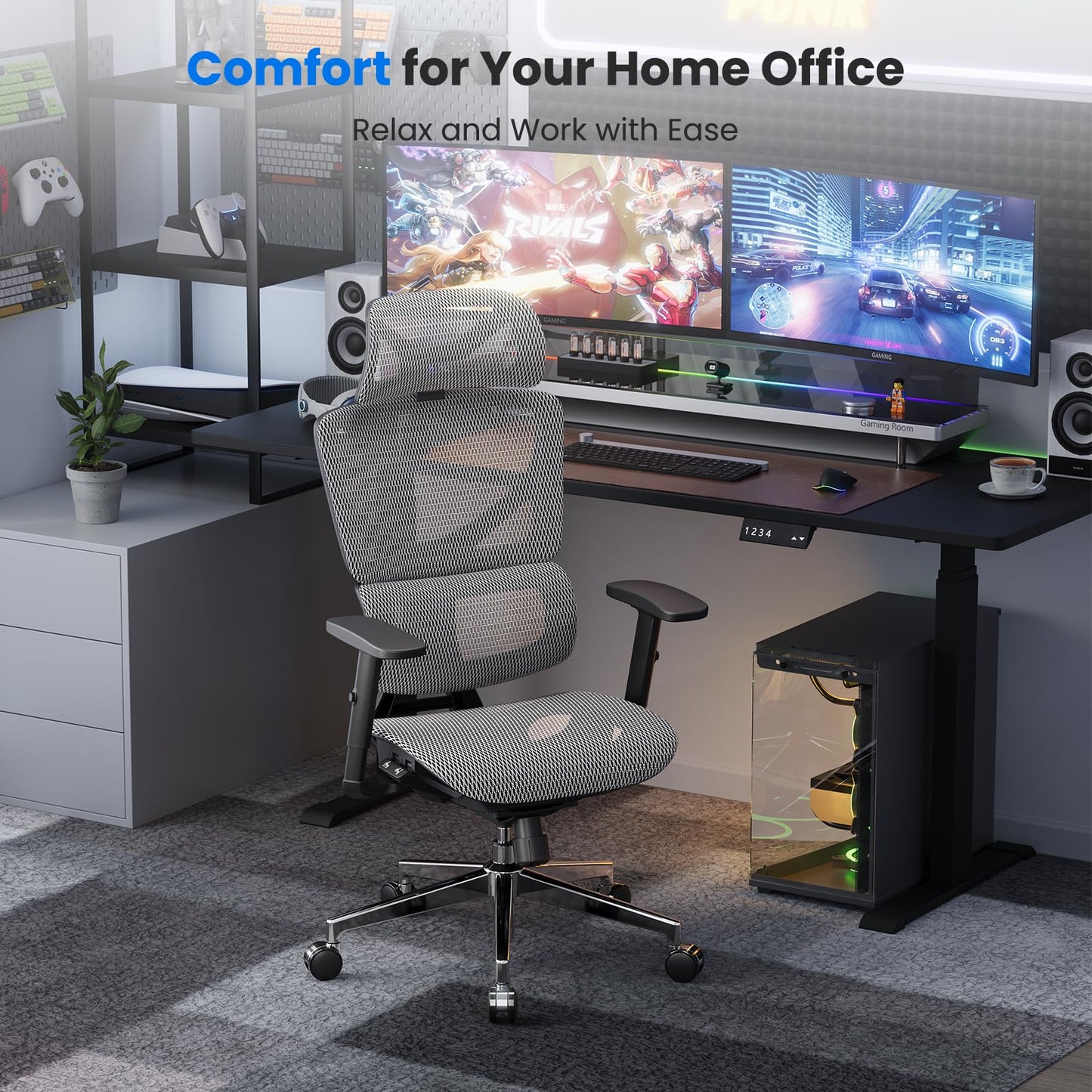 OdinLake L1 Ergo Upgrade 518 Grey Ergonomic Mesh Office Chair – Big & Tall 350lbs, Adjustable Lumbar Support, Seat Depth, Height, Headrest, Armrests, High Back Desk Chair