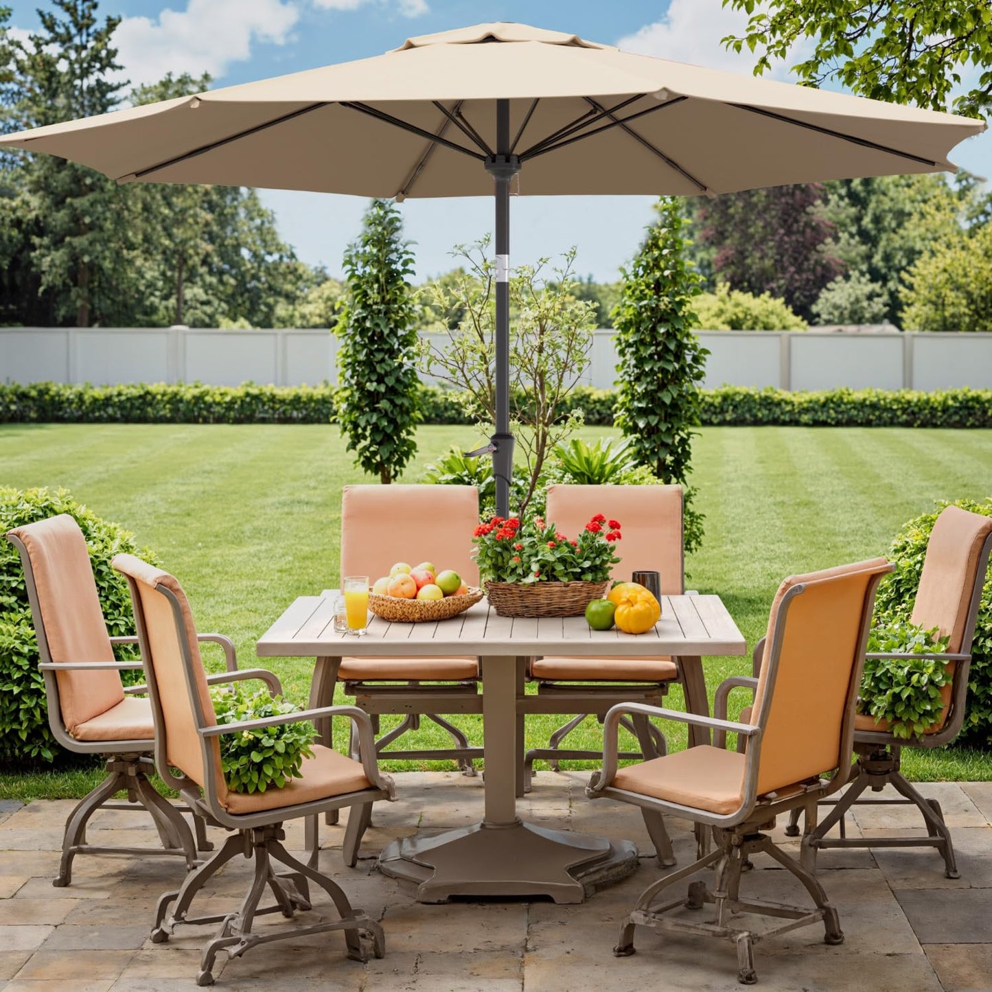 Benass 9ft Outdoor Patio Umbrella with One Push Button Tilt and Crank, 8 Sturdy Fiberglass Ribs Market Table Umbrella (Beige)